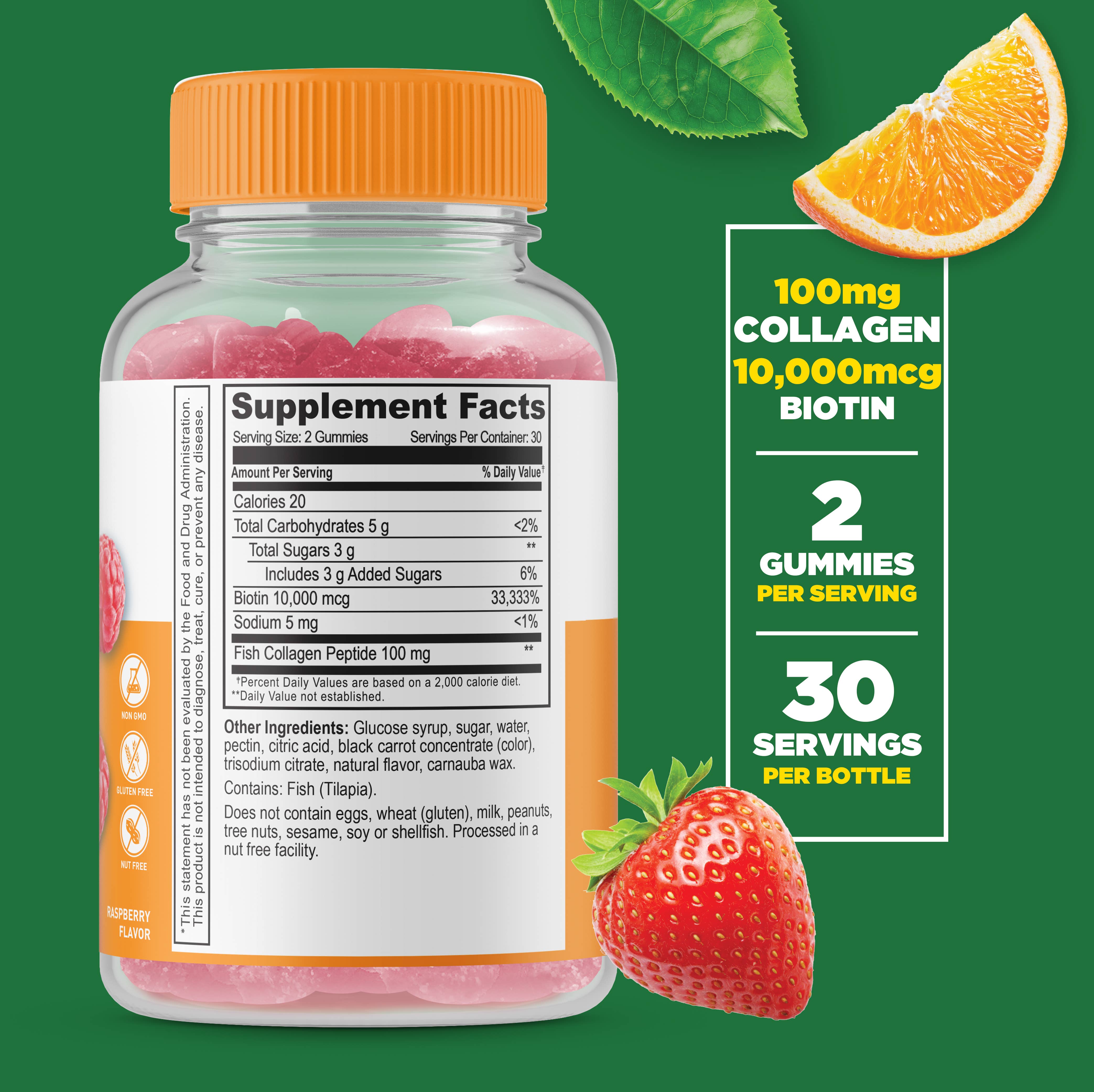 Lifeable Collagen peptides 100 mg + Biotin 10000 mcg Gummies: Raspberry Flavor / 60 Gummies