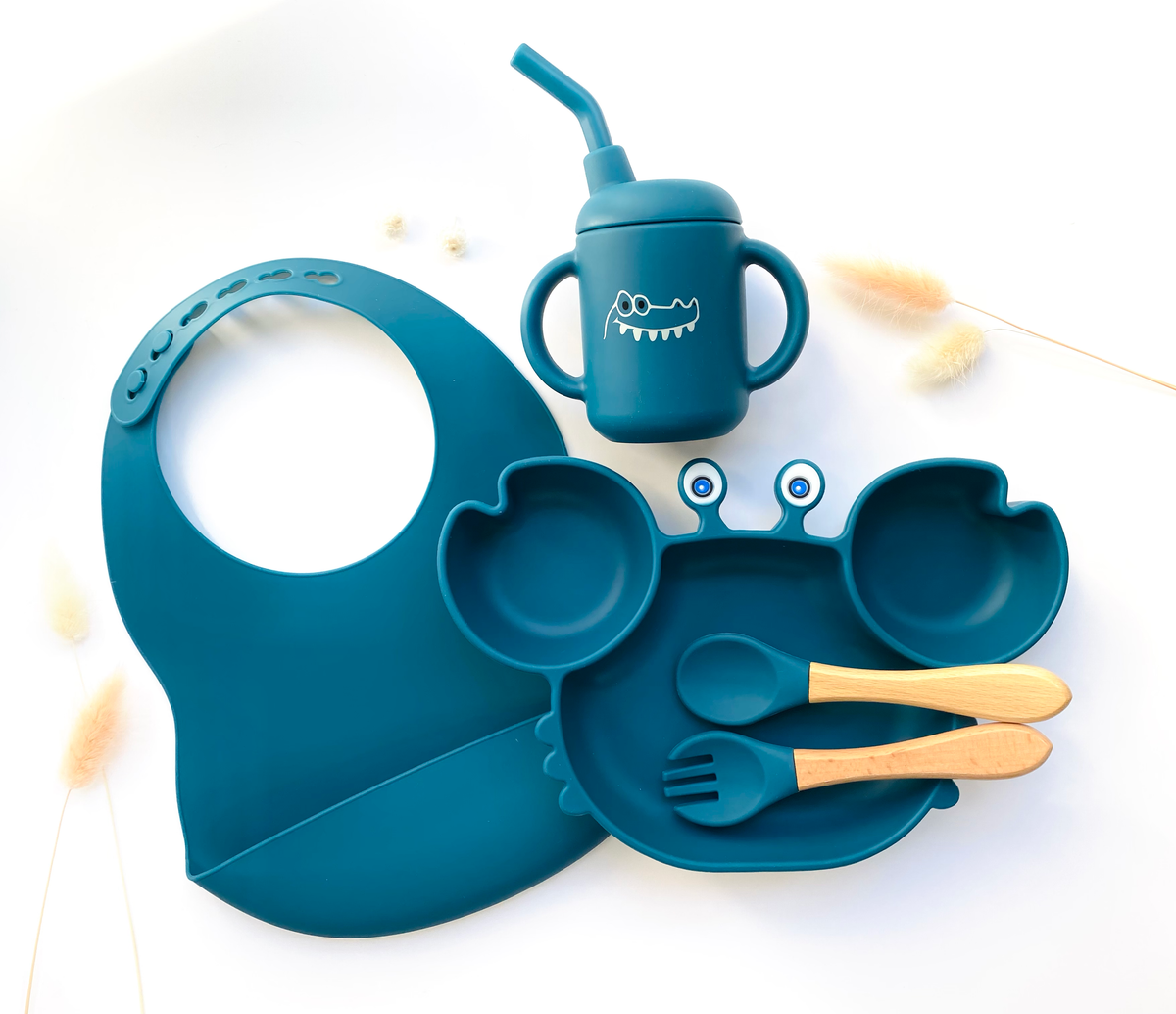 Meal pack+bib+straw glass for children: Bleu marine