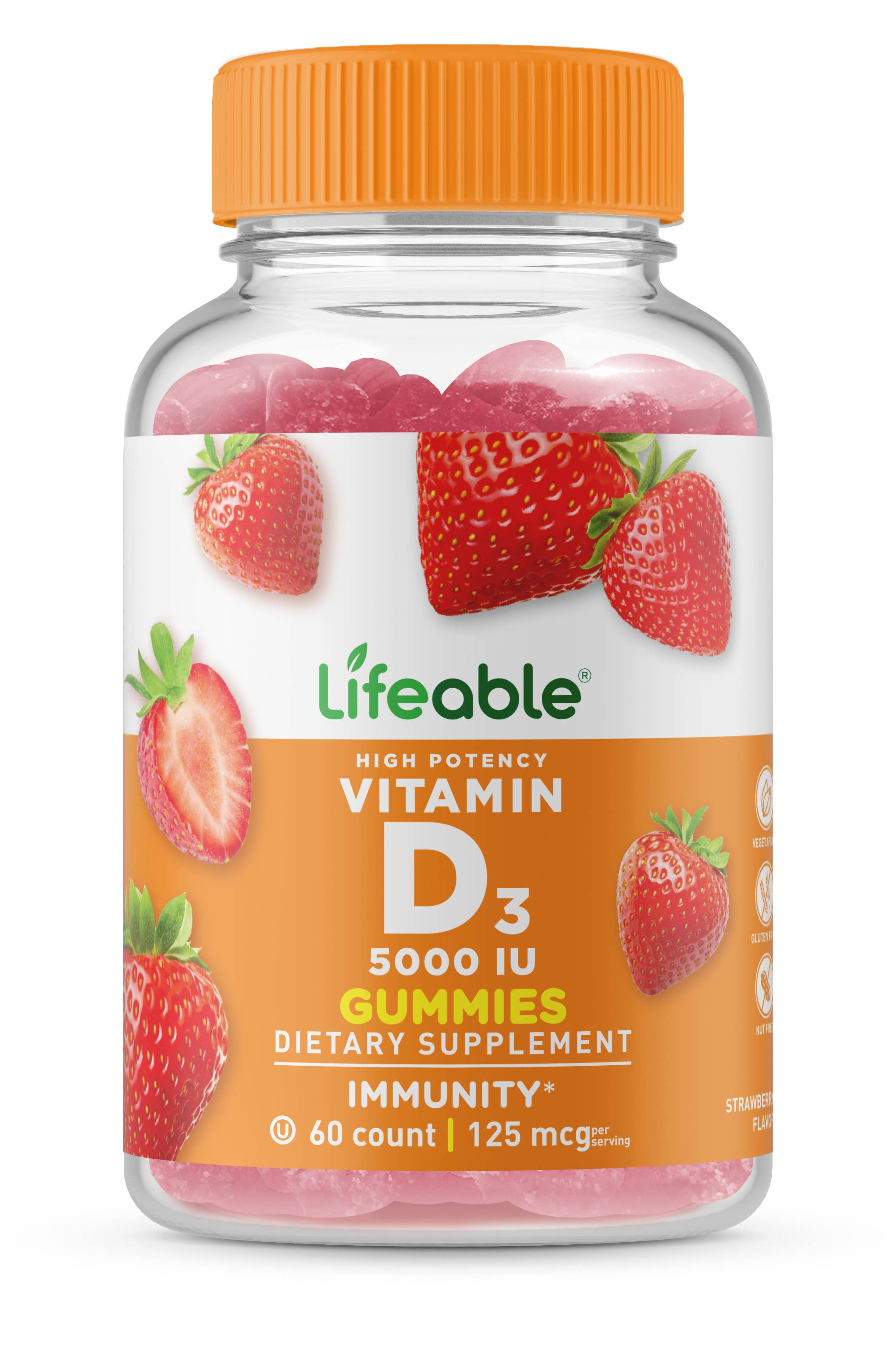 Lifeable Vitamin D 5,000 IU Gummies, Bone Health & Immunity: Strawberry Flavor / 60 Gummies
