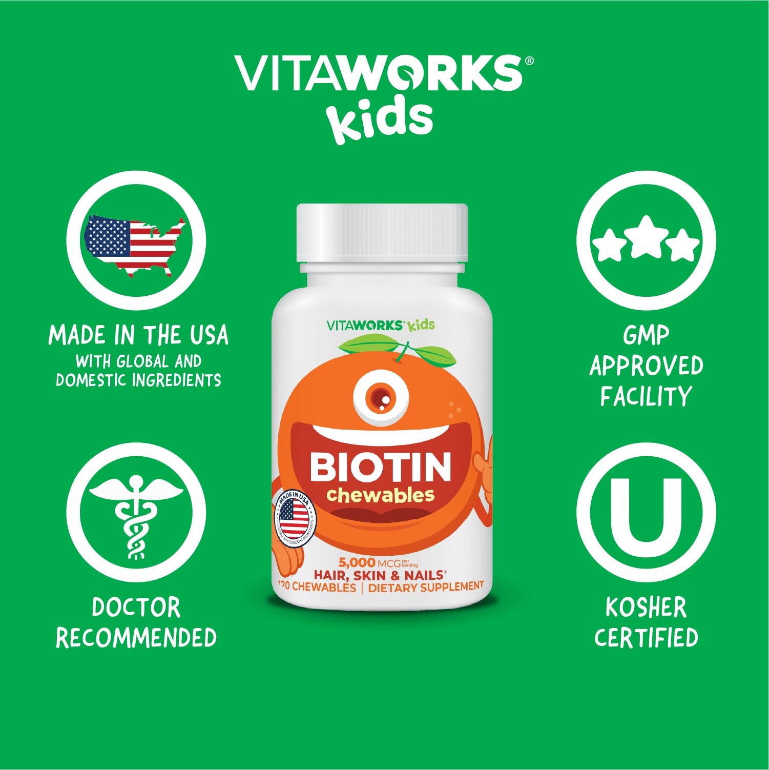 VitaWorks Kids Biotin Chewables, Hair Skin and Nails: Natural Orange Flavor / 120 Count