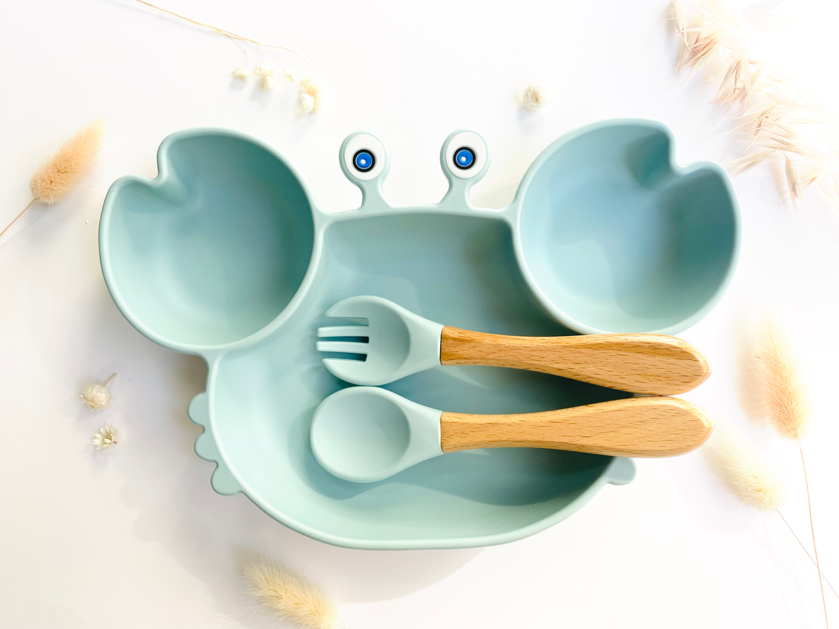 Crab-shaped meal set+cutlery for children: Khaki