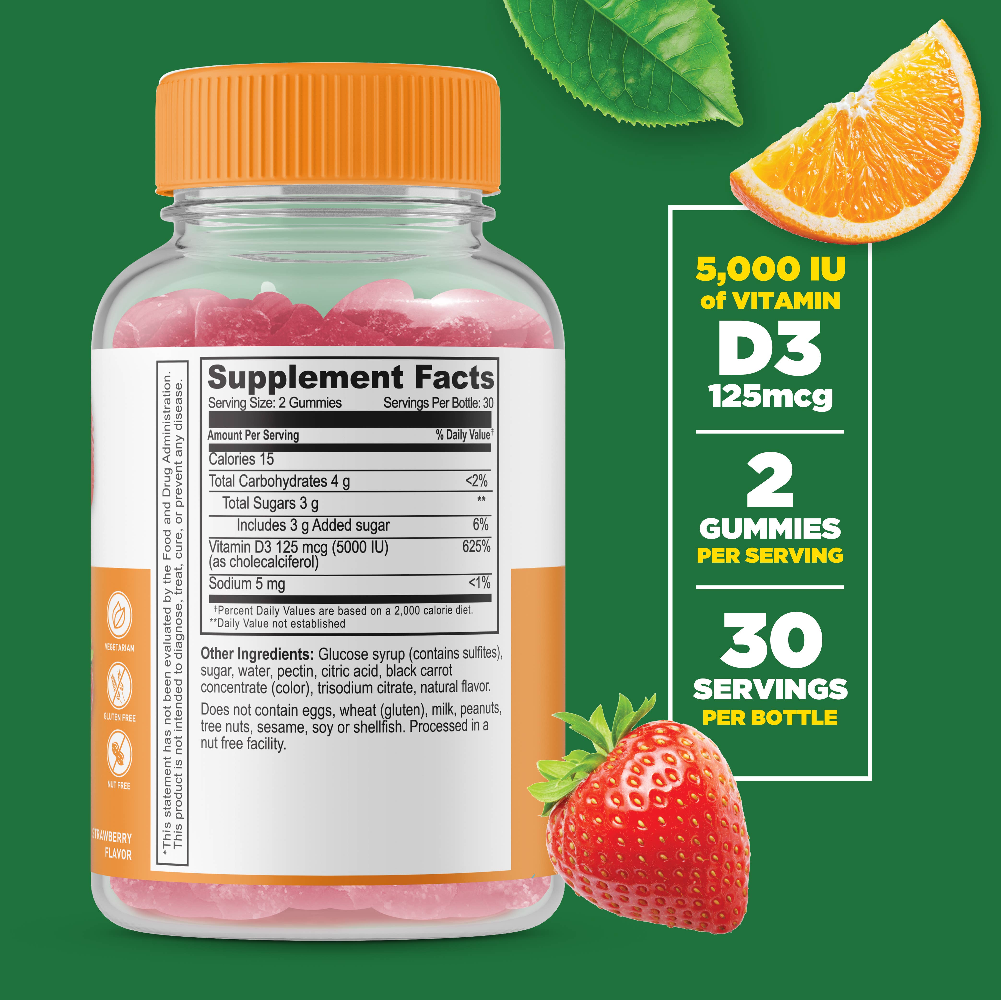 Lifeable Vitamin D 5,000 IU Gummies, Bone Health & Immunity: Strawberry Flavor / 60 Gummies