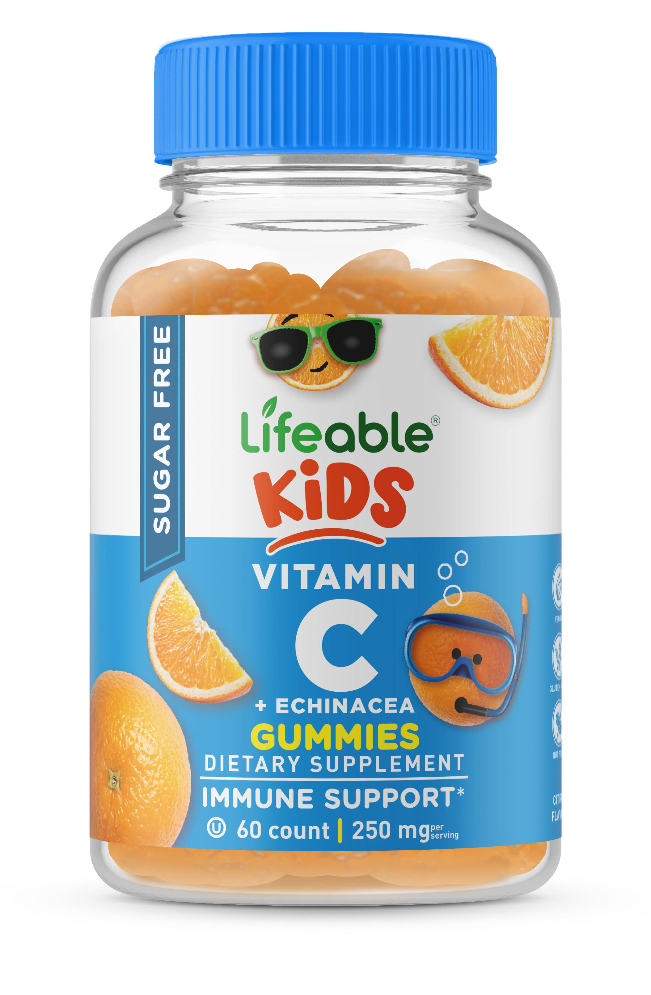 Lifeable Sugar Free Vitamin C for Kids 250 mg Gummies: Orange Flavor / 60 Gummies