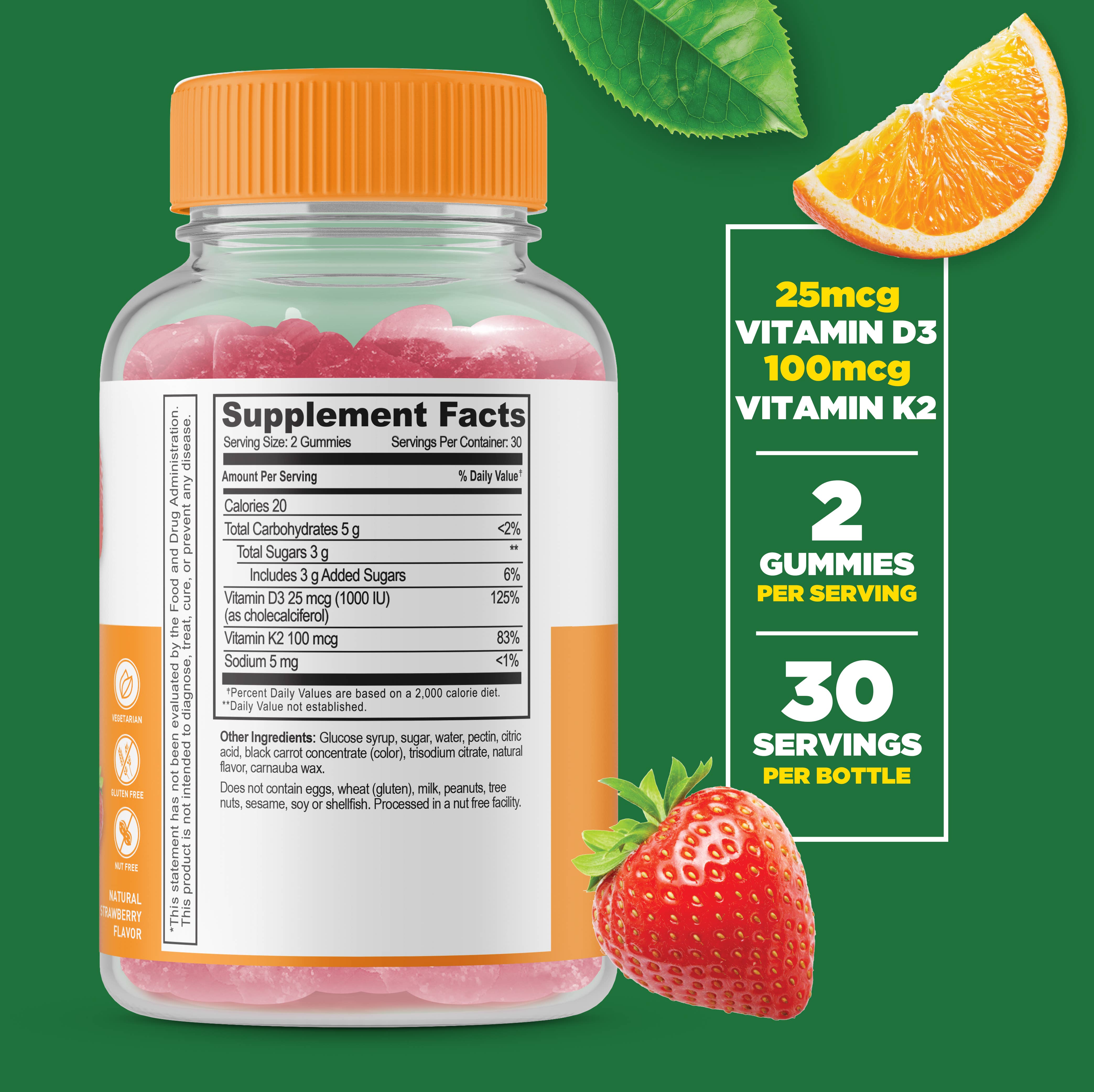Lifeable Vitamin D3 + K2 Gummies, Bone Health, Great Taste!: Natural Strawberry Flavor / 60 Count