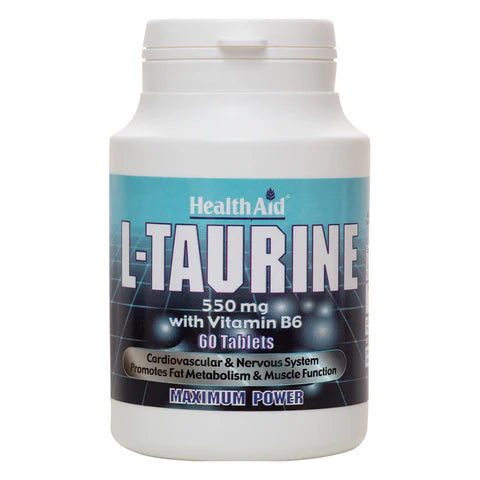 HealthAid L-Taurine 550mg + Vitamin B6 Tablets - Cardiovascular health and fat metabolism support.