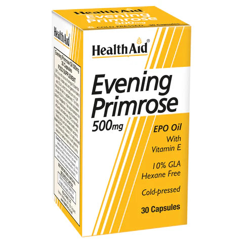 HealthAid Evening Primrose Oil 500mg + Vitamin E Capsules - Skin health and hormonal balance support.