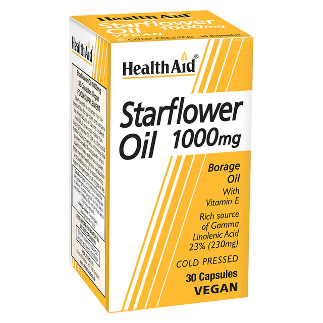 HealthAid Starflower Oil 1000mg Capsules - Rich GLA source for skin and hormonal balance.
