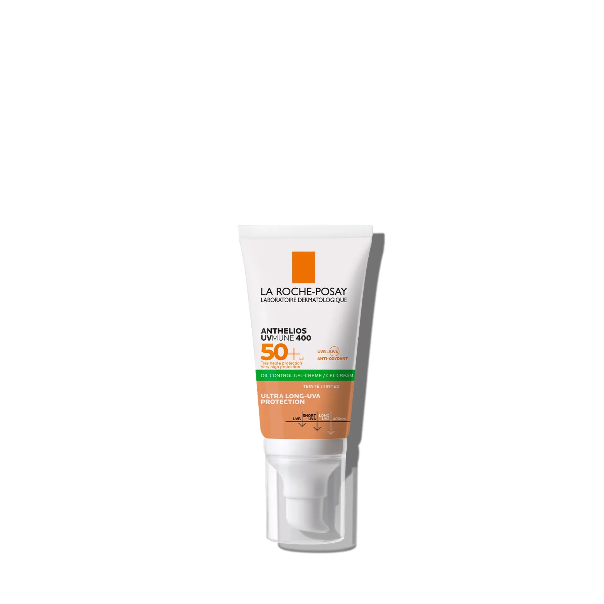 La Roche-Posay Anthelios UVMune 400 Oil Control Gel Cream SPF50+ Tinted, mattifying sunscreen with a natural tint for oily and acne-prone skin.