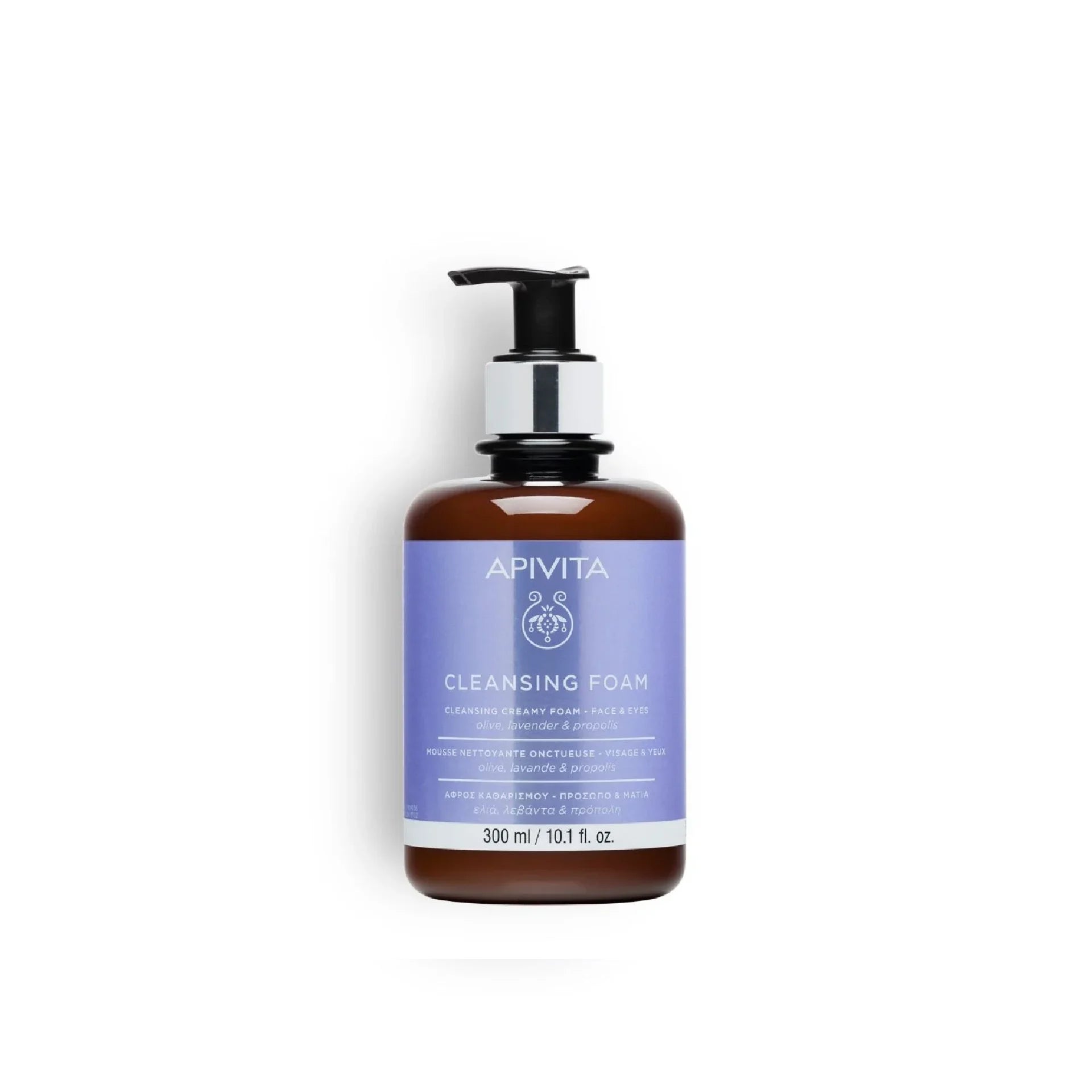 Apivita Cleansing Creamy Foam for Face & Eyes with olive and lavender extracts for gentle cleansing and hydration.