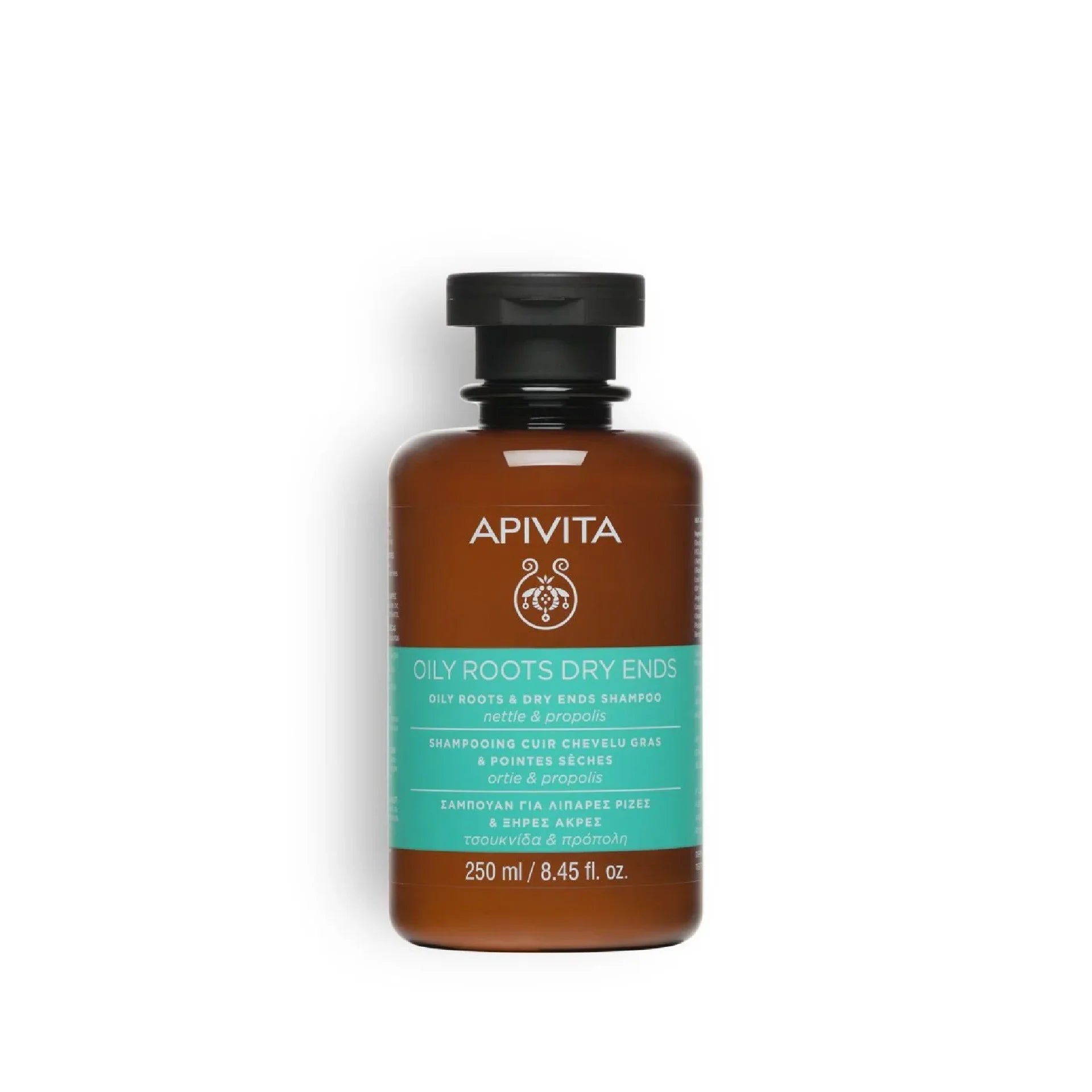 Apivita Oily Roots & Dry Ends Shampoo with Nettle and Propolis for balanced hair care.
