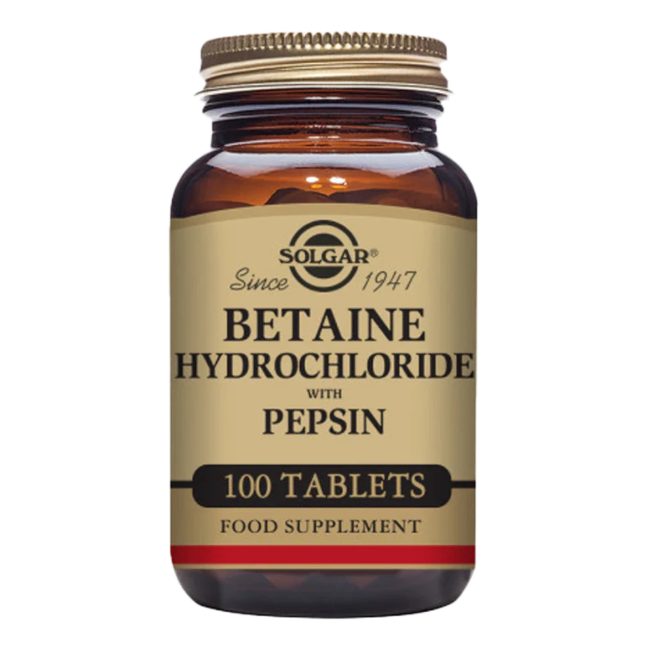 Bottle of Betaine Hydrochloride for digestive health.