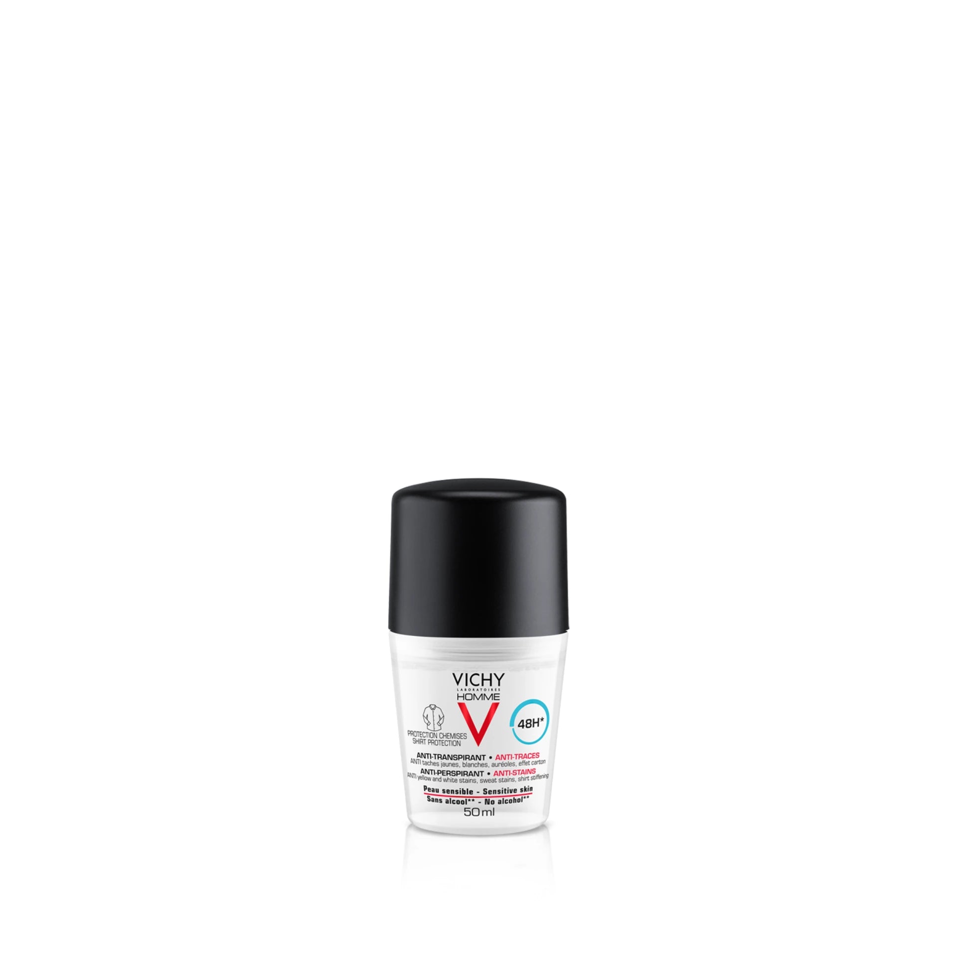 Vichy Homme Anti-Stain Deodorant - 48-hour sweat and odor protection for men, with no clothing stains.