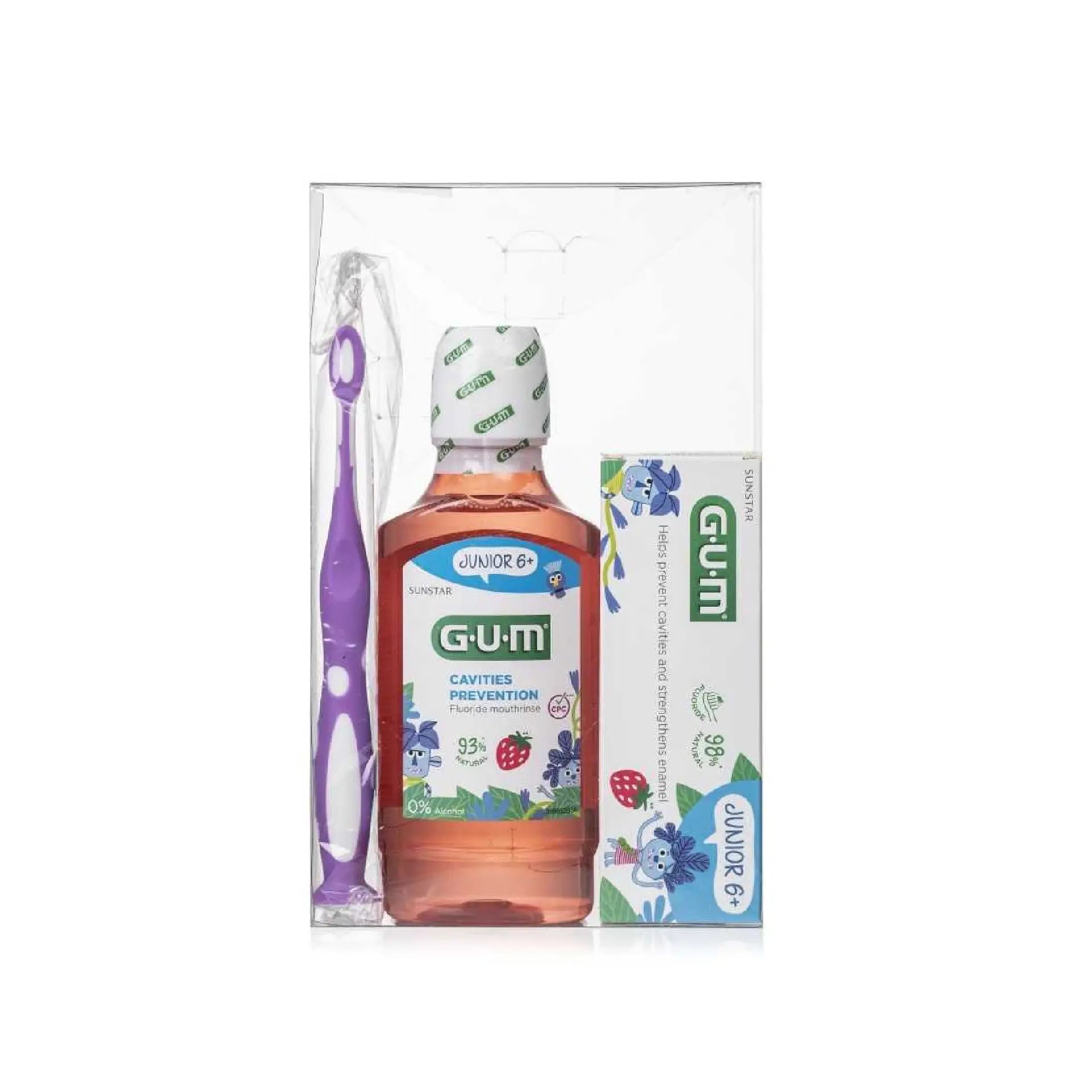 GUM Junior Offer Set with toothbrush, toothpaste, and mouthwash for kids' oral hygiene.