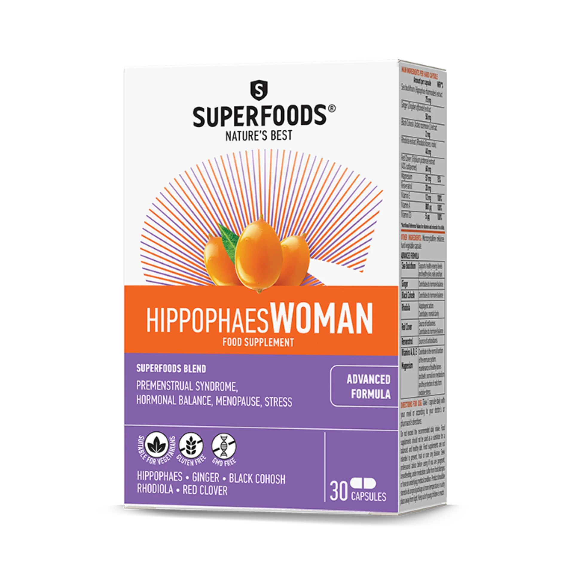 Superfoods Hippophaes Woman with sea buckthorn, ginger, black cohosh, and vitamins for women's health