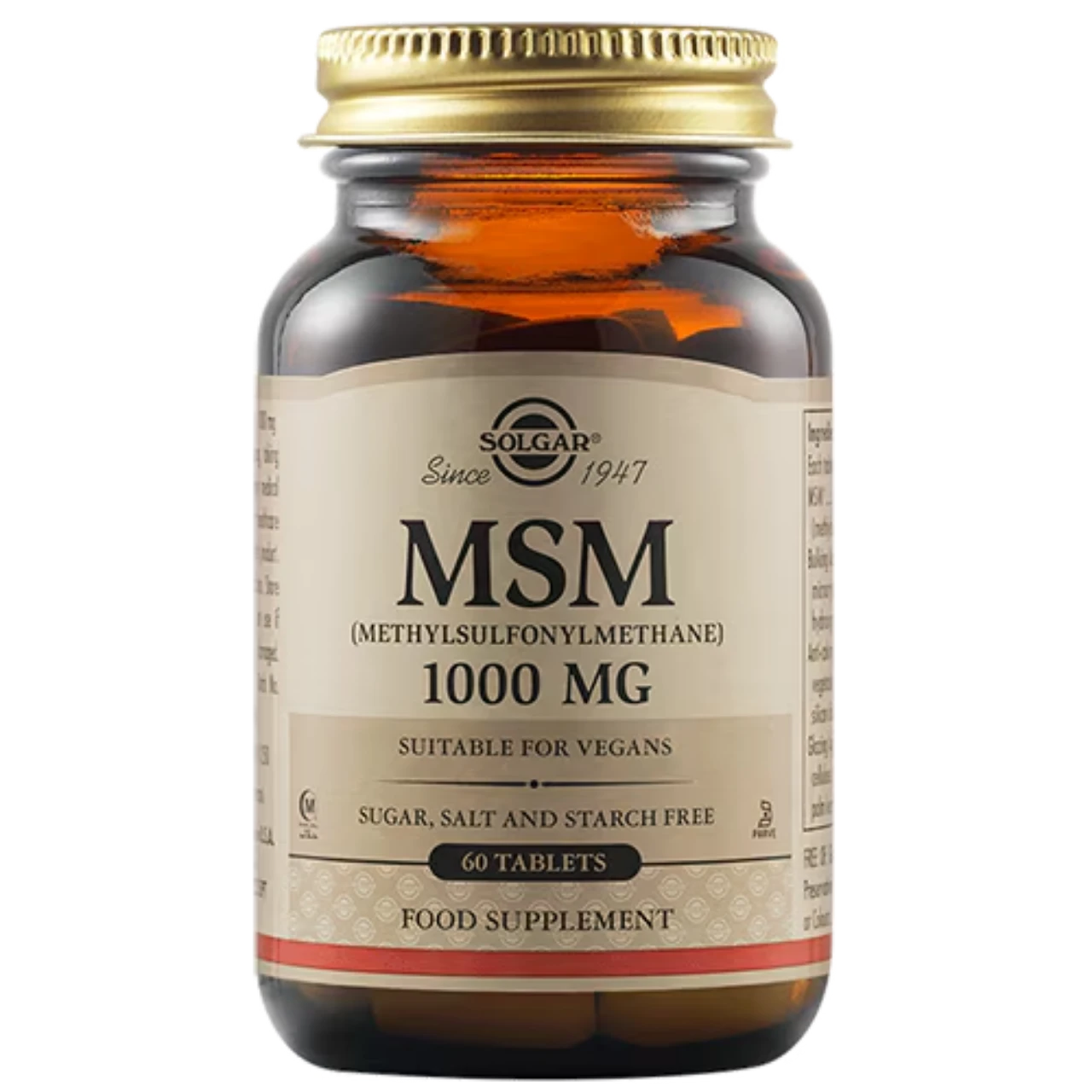 Solgar MSM 1000 mg Tablets support joint, cartilage, and skin health. Non-GMO, gluten-free, and suitable for vegetarians.