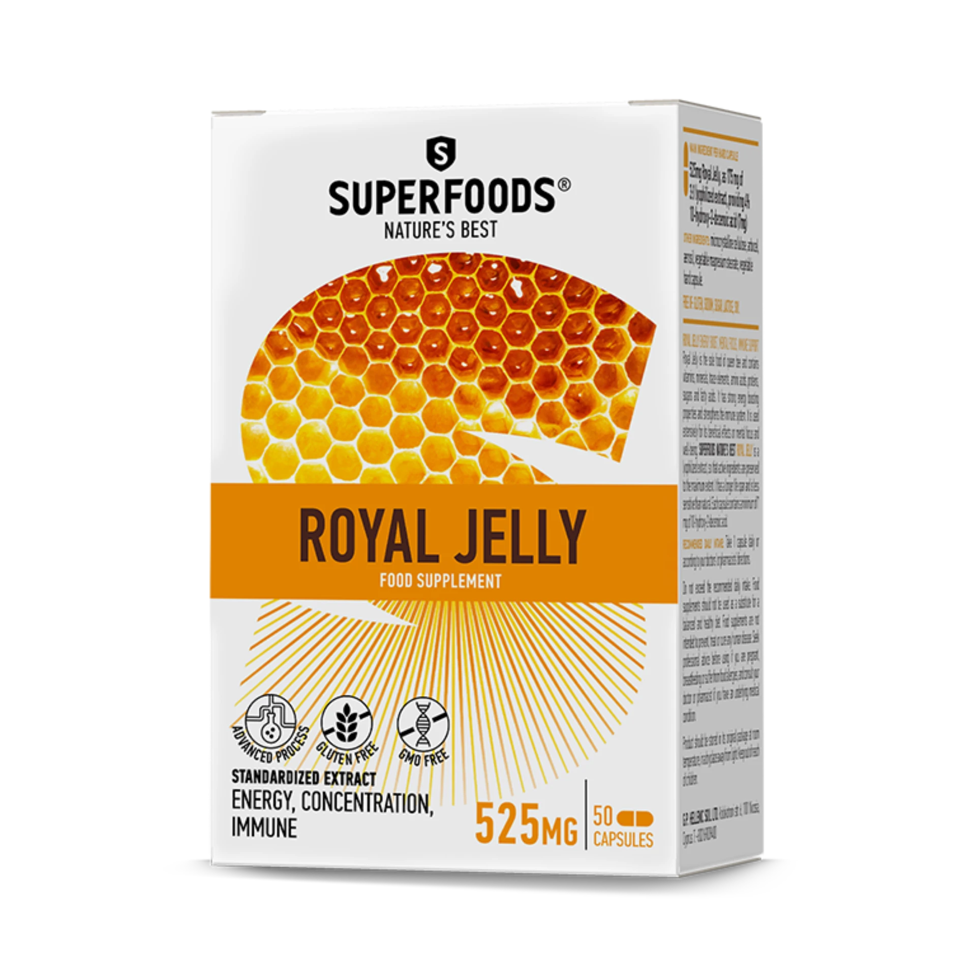 Superfoods Royal Jelly supplement with preserved active ingredients.