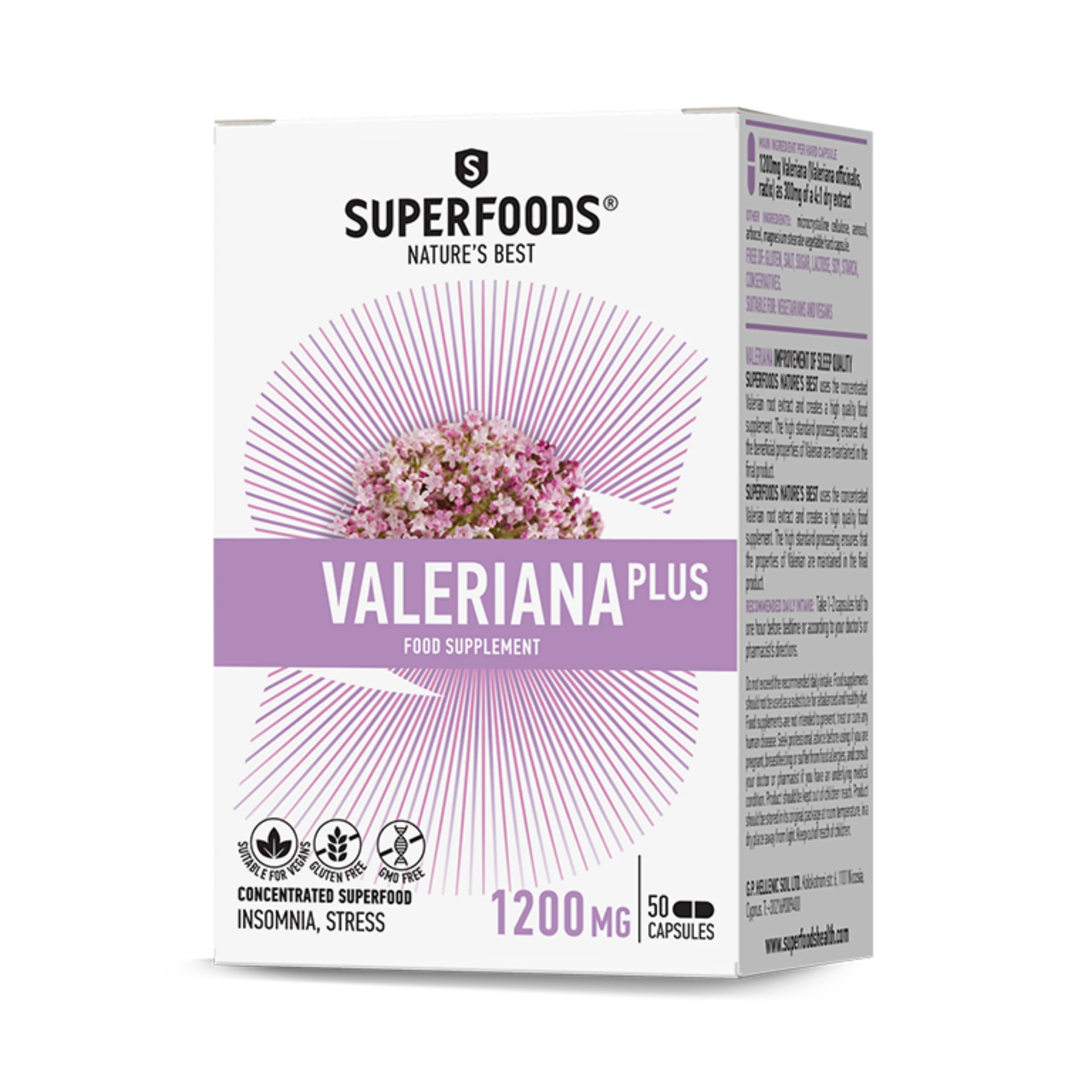 Superfoods Valeriana Plus supplement bottle with Valerian root extract.