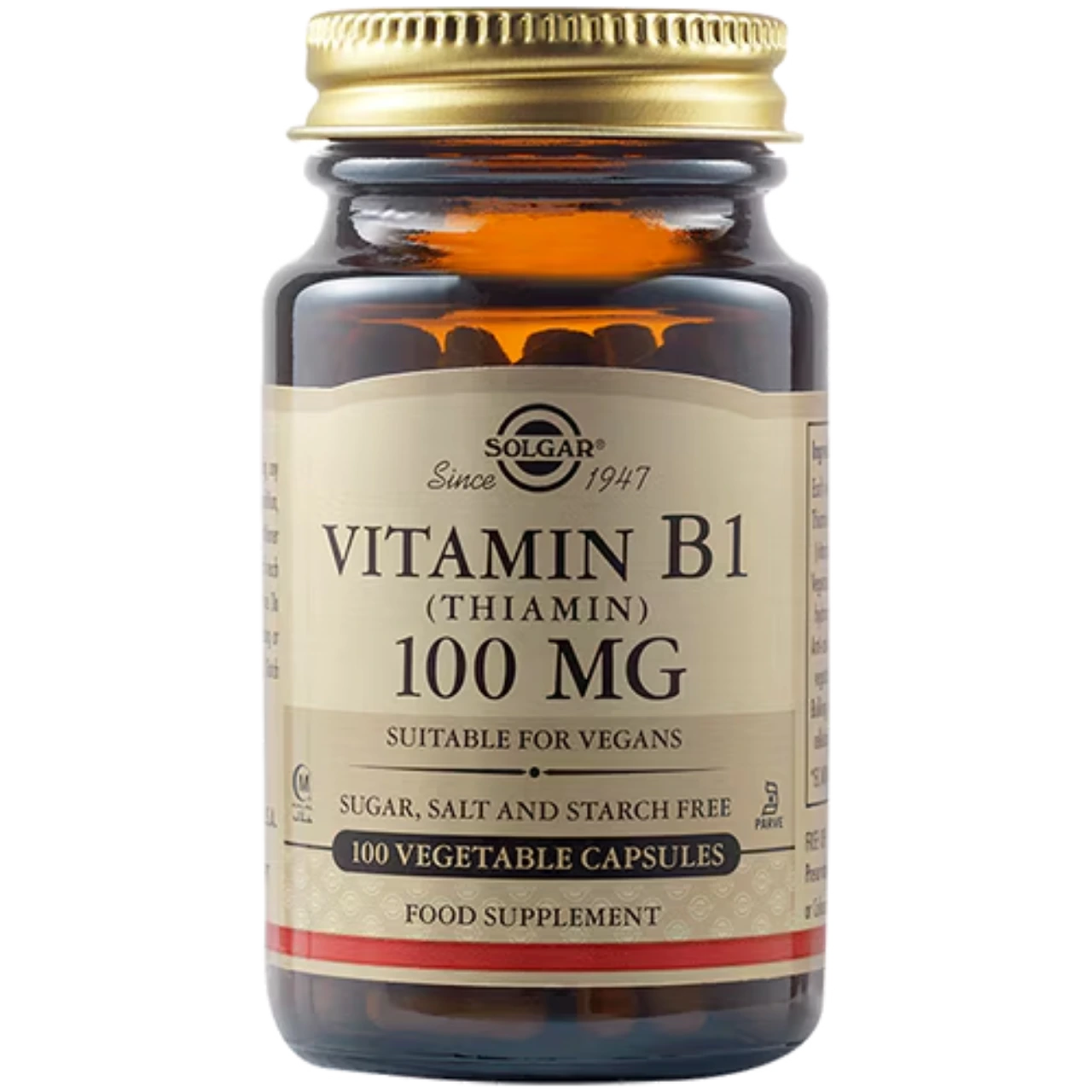 Solgar Vitamin B1 (Thiamin) 100 mg - Promotes energy metabolism and nervous system health.