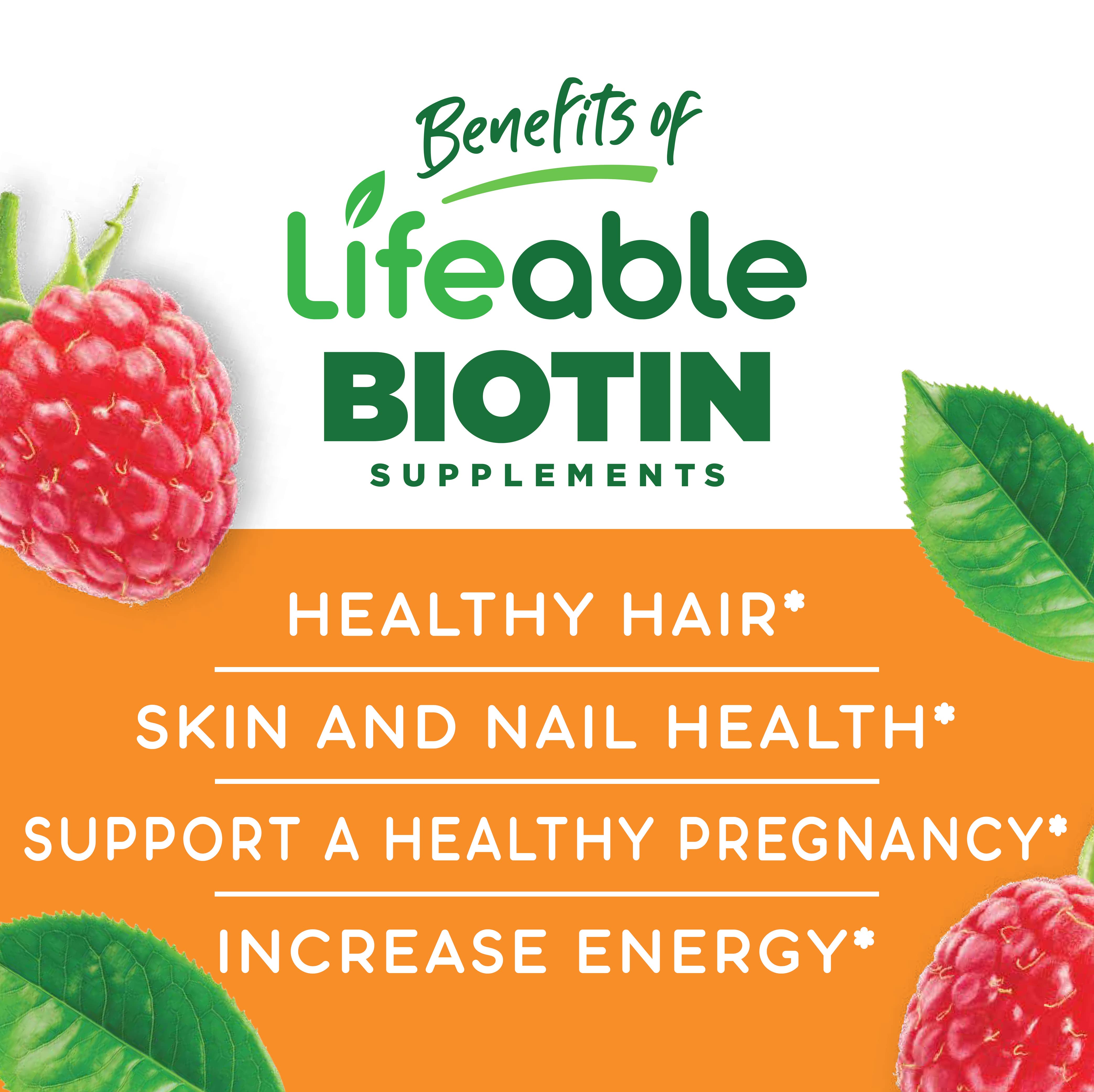 Lifeable Biotin 10,000 mcg Gummies, Hair And Nail Growth: Raspberry Flavor / 60 Gummies