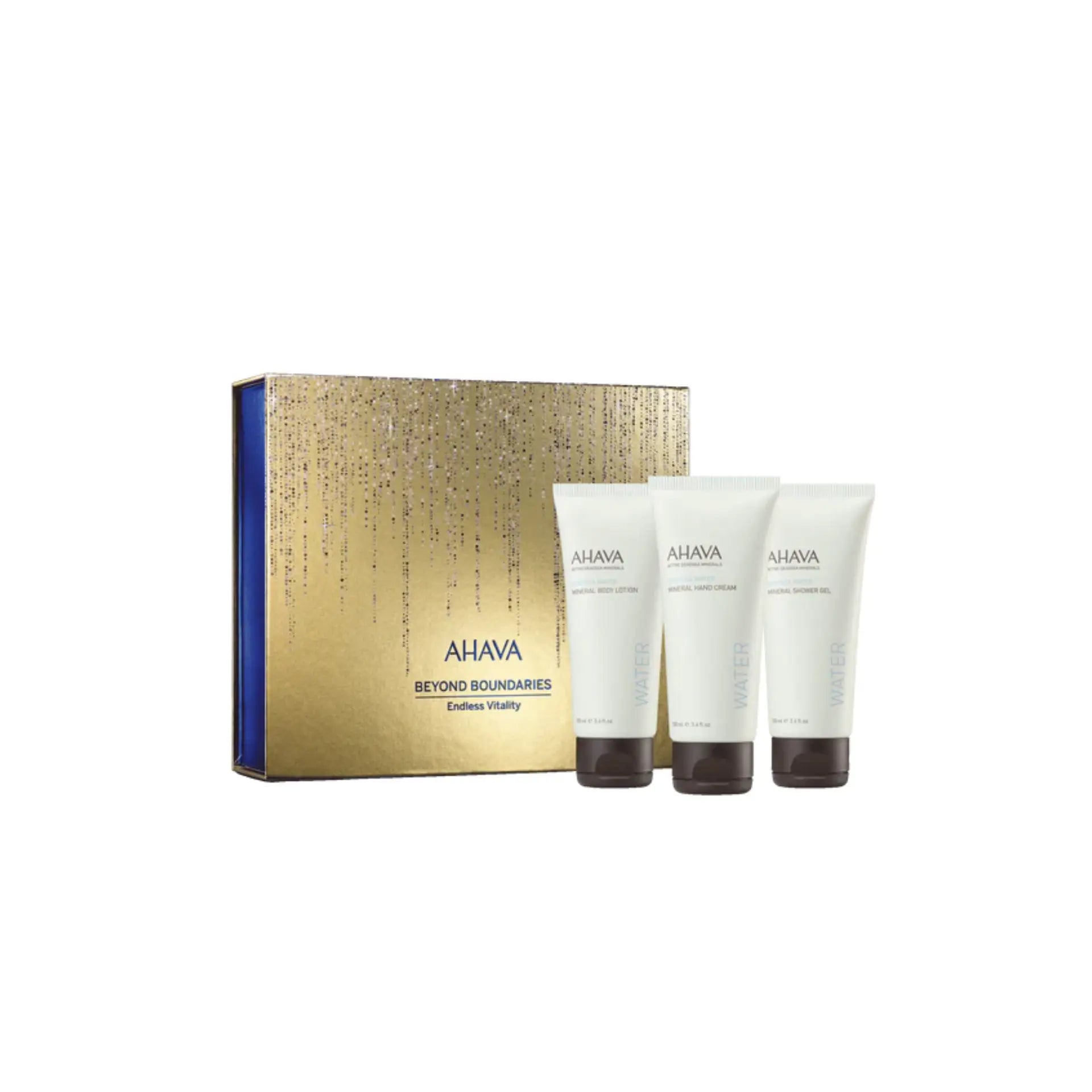 Ahava Endless Vitality Gift Set featuring hand cream, body lotion, and shower gel for hydrated, nourished, and revitalized skin.