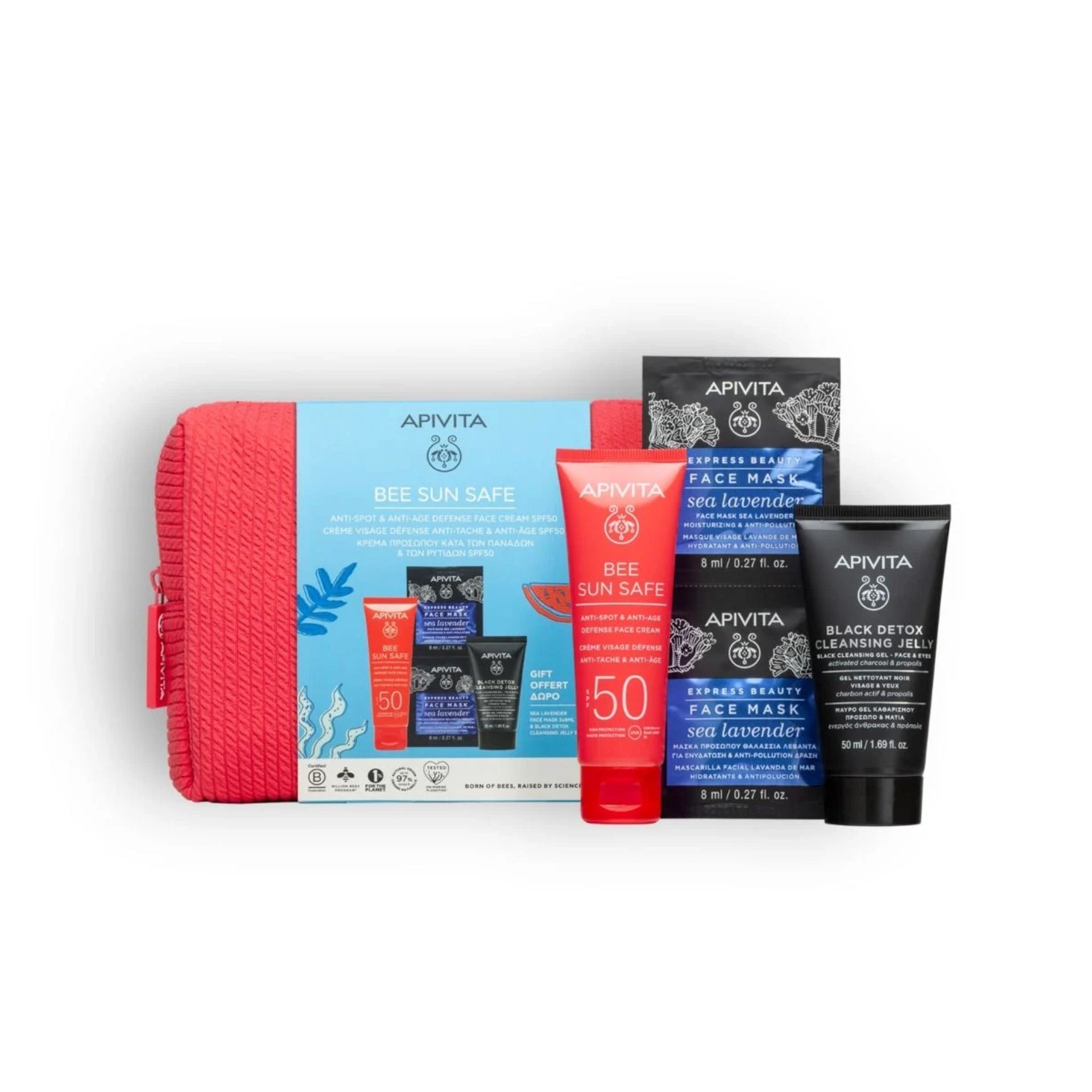 Apivita Bee Sun Safe Anti-Spot & Anti-Age Defense Face Cream SPF50 with Black Detox Cleansing Jelly and Sea Lavender Face Mask.