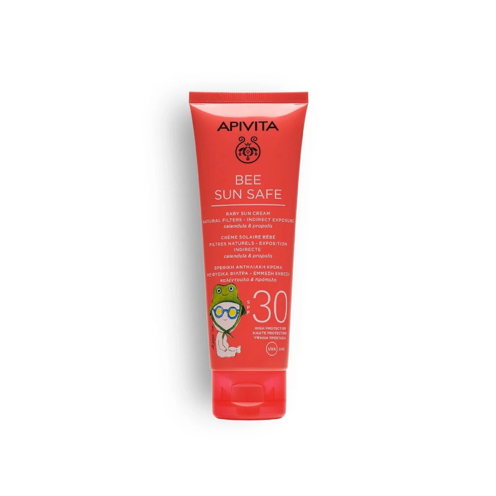 Apivita Baby Sun Cream SPF30 with natural filters and soothing ingredients for babies’ sensitive skin.