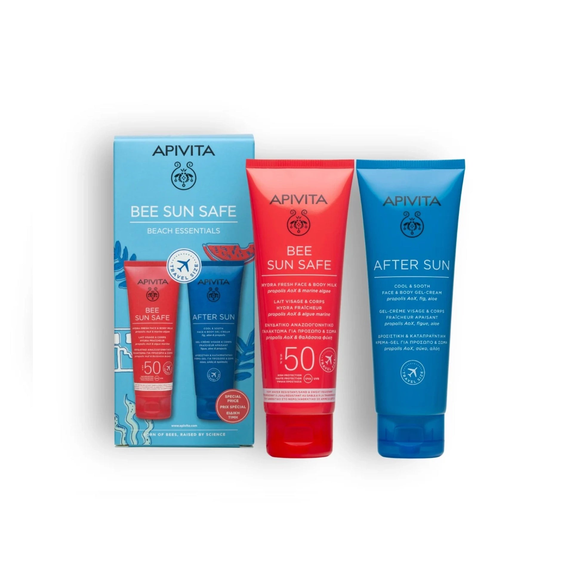 Apivita Bee Sun Safe Beach Essentials – travel-size sunscreen and after-sun set.