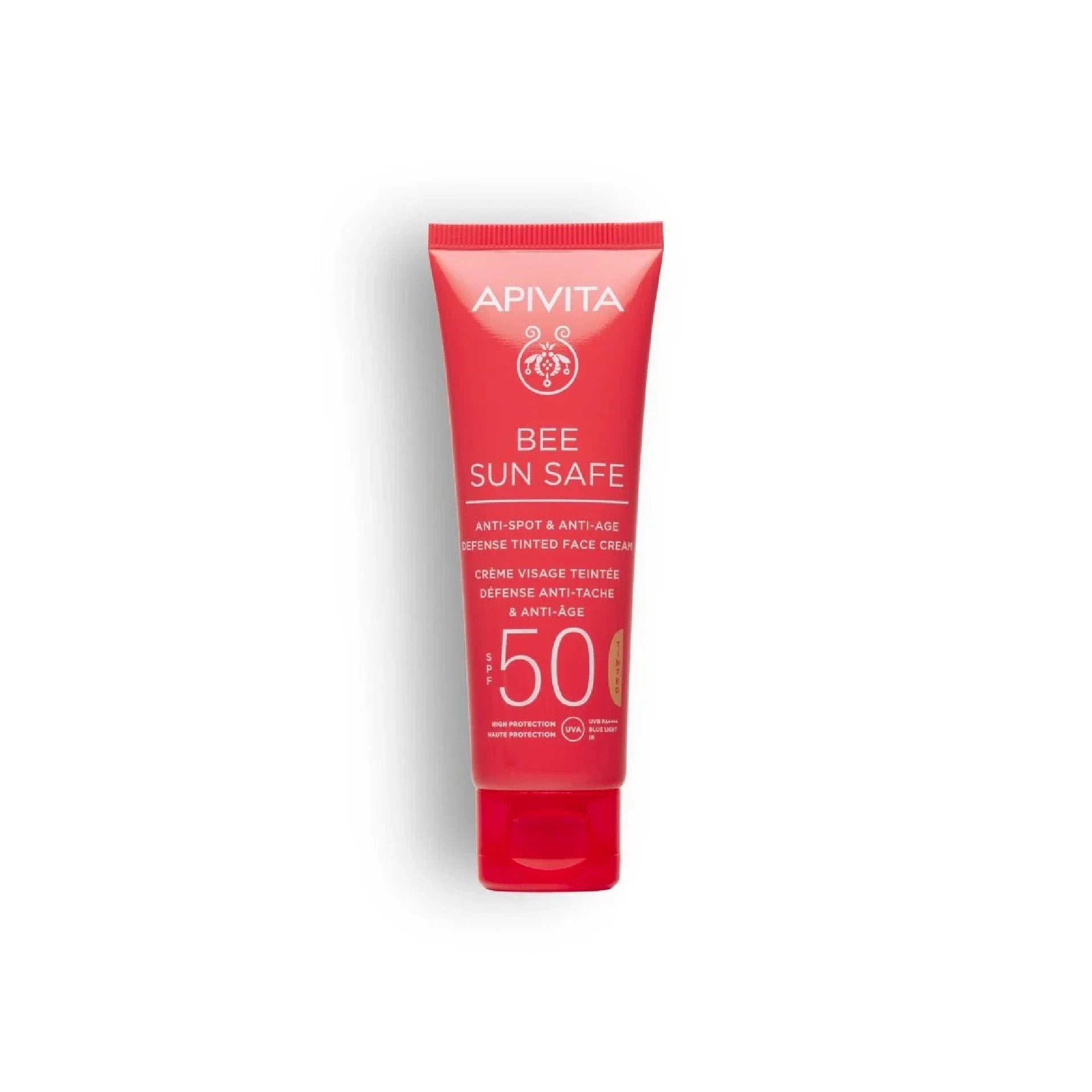 Apivita Bee Sun Safe Anti-Spot & Anti-Age Defense Tinted Face Cream SPF50 – sun protection and even complexion.