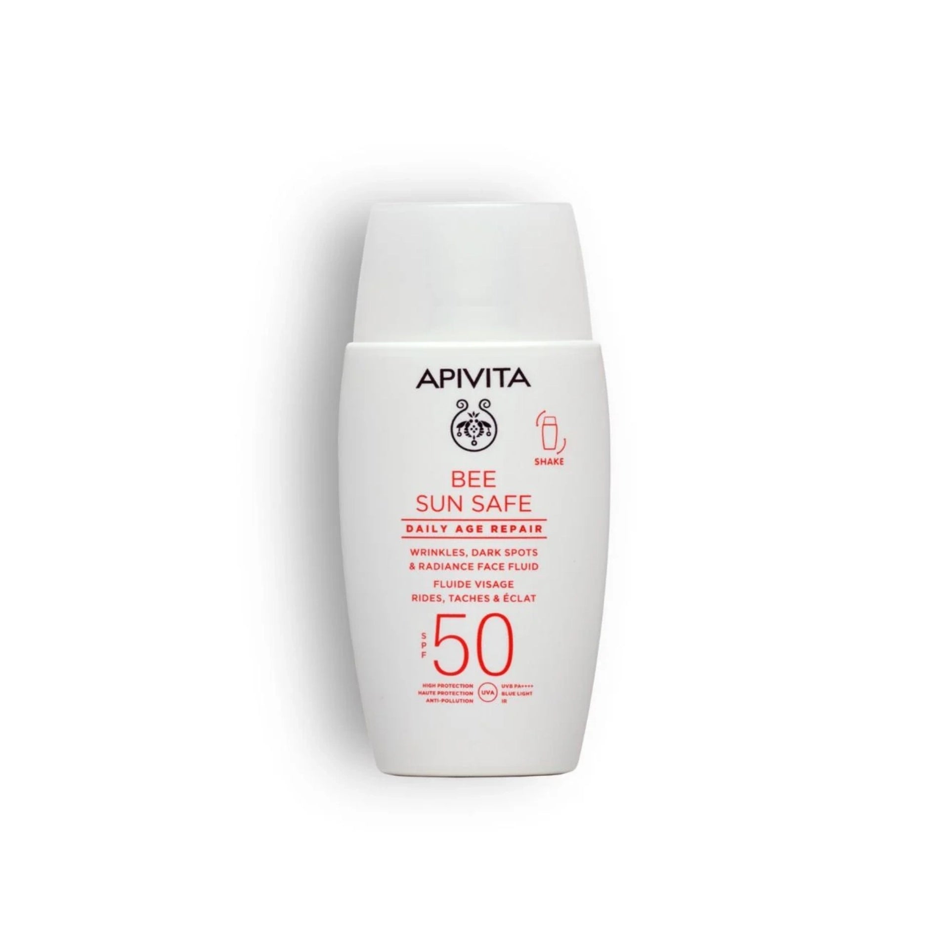 Apivita Bee Sun Safe – lightweight SPF50 face fluid for protection and radiance.