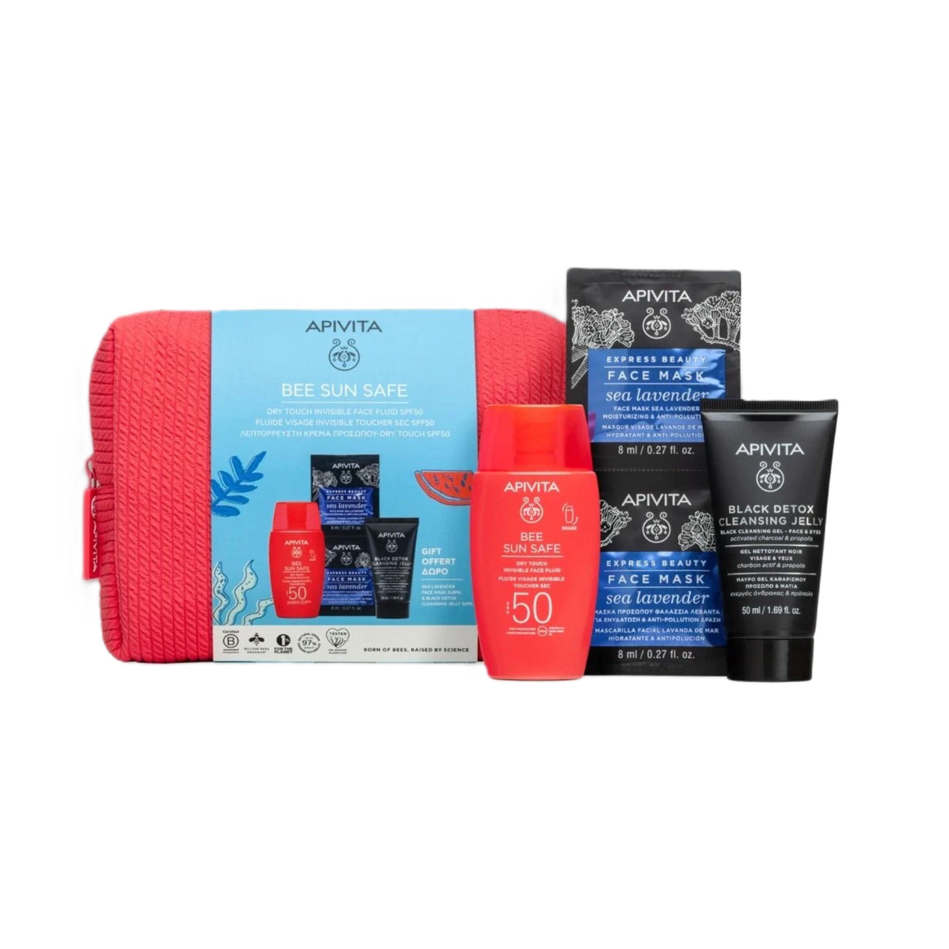 Apivita Bee Sun Safe Dry Touch Invisible Face Fluid SPF50 with Black Detox Cleansing Jelly and Sea Lavender Mask.