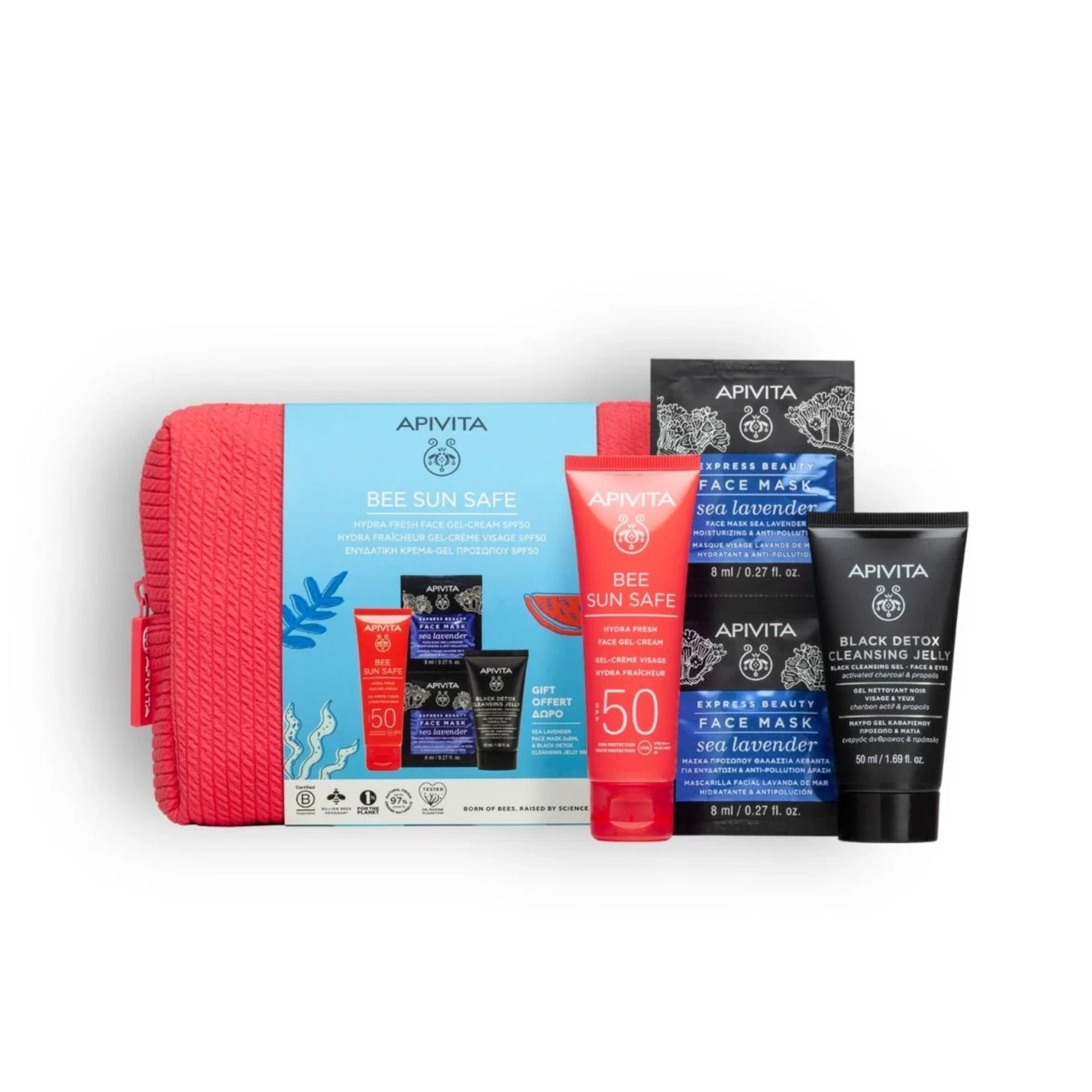 Apivita Bee Sun Safe Hydra Fresh Face Gel-Cream SPF50 with Black Detox Cleansing Jelly and Sea Lavender Face Mask in a coral pouch.