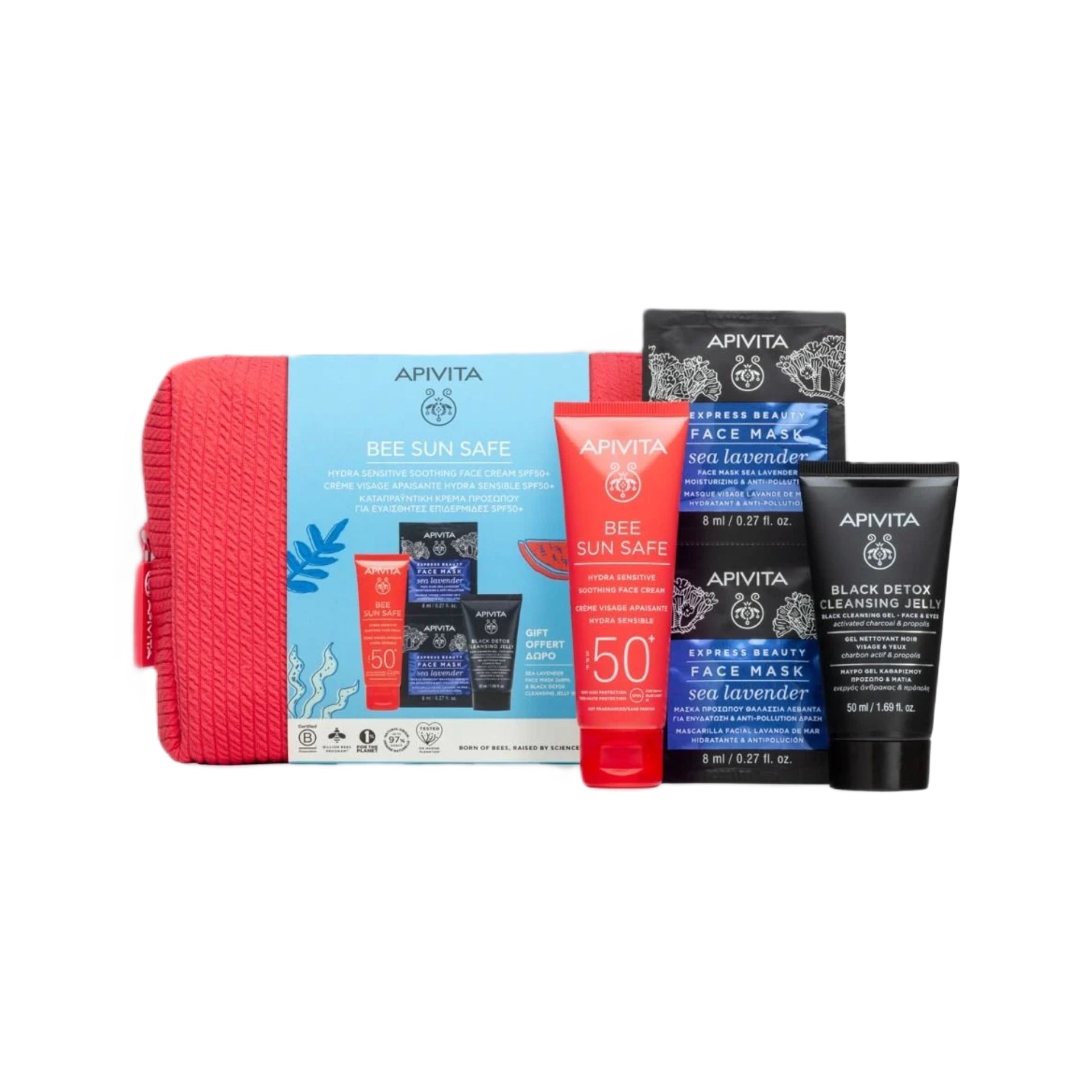 Apivita Bee Sun Safe Hydra Sensitive Set – sunscreen, cleansing jelly, and face mask for sensitive skin.