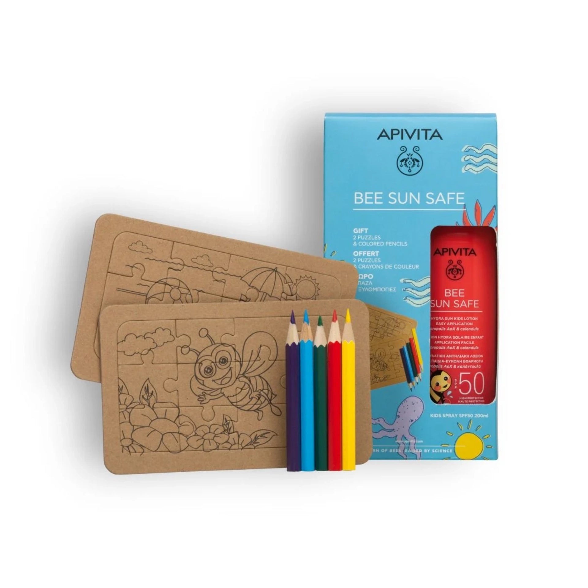 Apivita Bee Sun Safe Kids SPF50 Gift Set – sunscreen with puzzles and pencils.