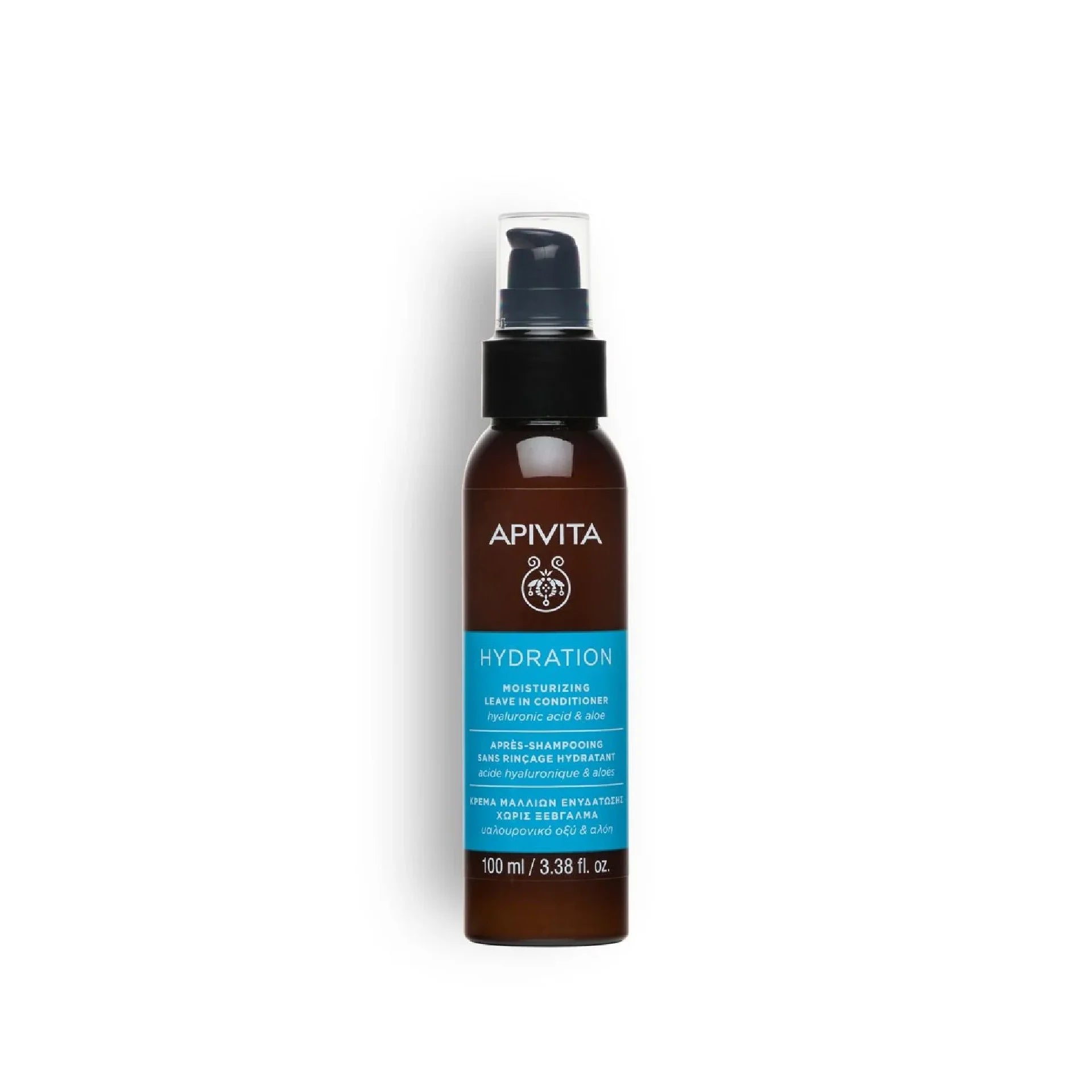 Apivita Moisturizing Leave-In Conditioner bottle for nourishing and protecting hair.
