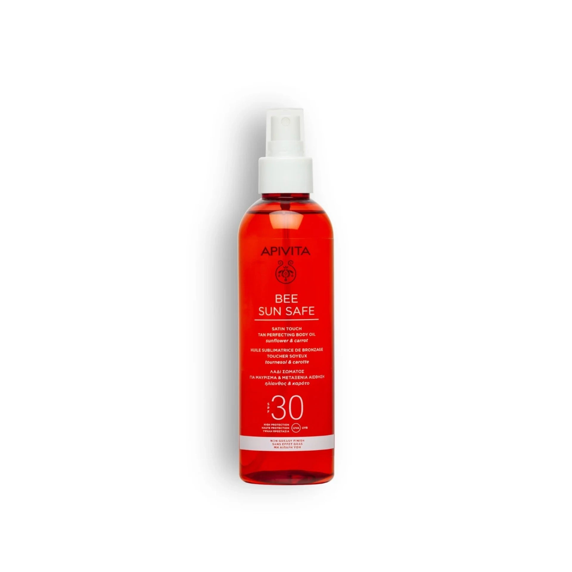 Apivita Satin Touch Tan Perfecting Body Oil SPF30 – nourishing, glow-enhancing sun protection.