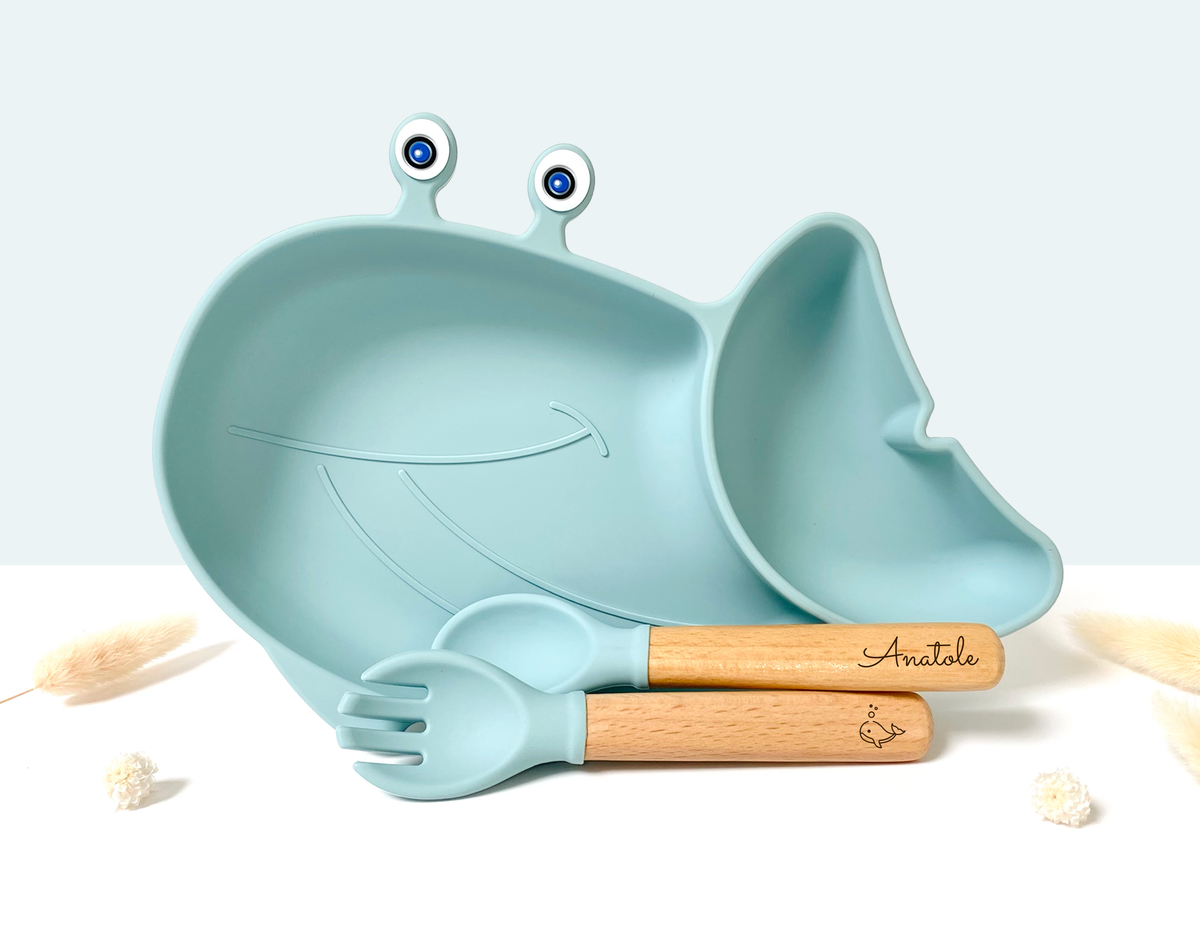 Whale shaped meal + cutlery set for children: Sky blue