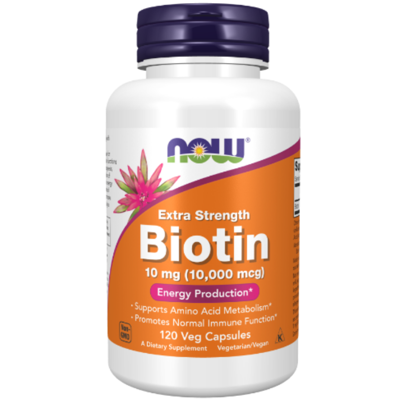 NOW Foods Biotin 10 mg (10,000 mcg) Extra Strength Veg Capsules - Supports healthy hair, skin, and nails.