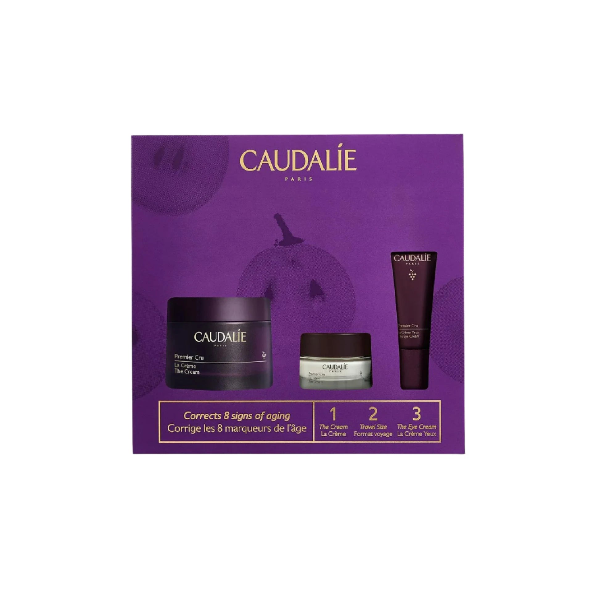 Caudalie Premier Cru The Cream Set with cream jars and eye cream tube.