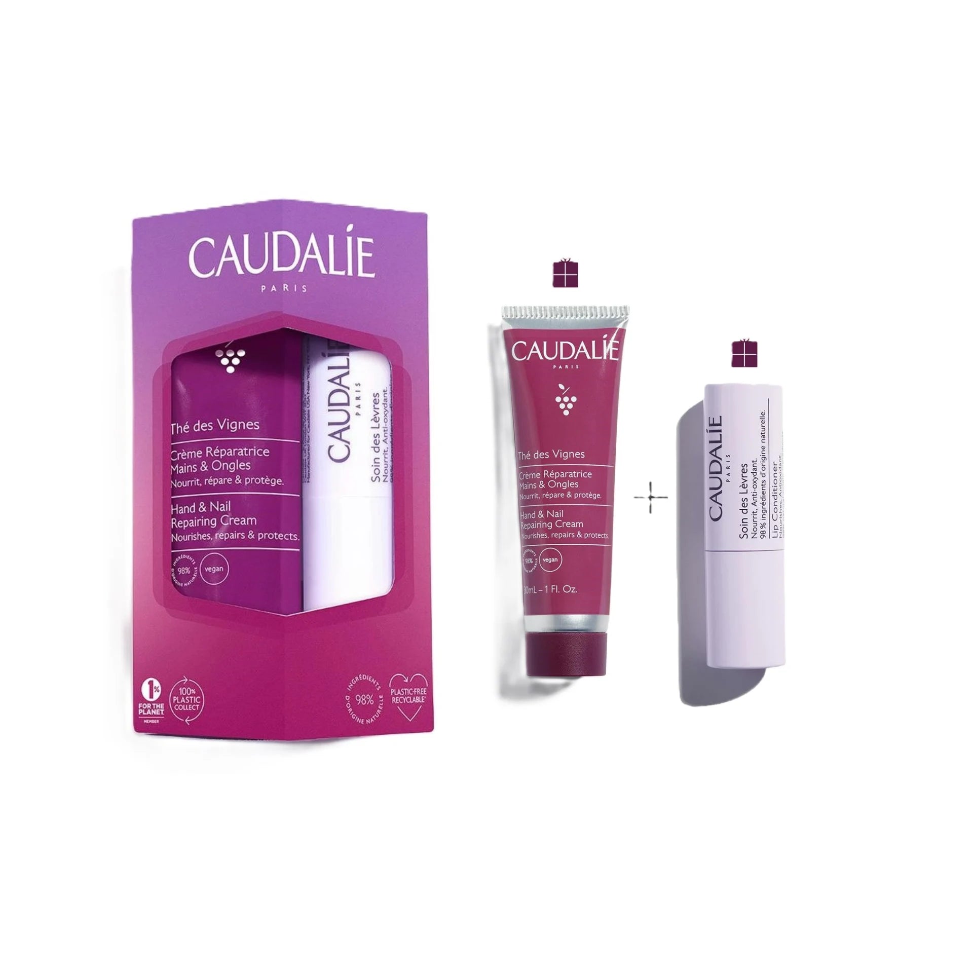 Thé des Vignes Hand & Lip Duo with hand cream and lip balm for hydration and repair.