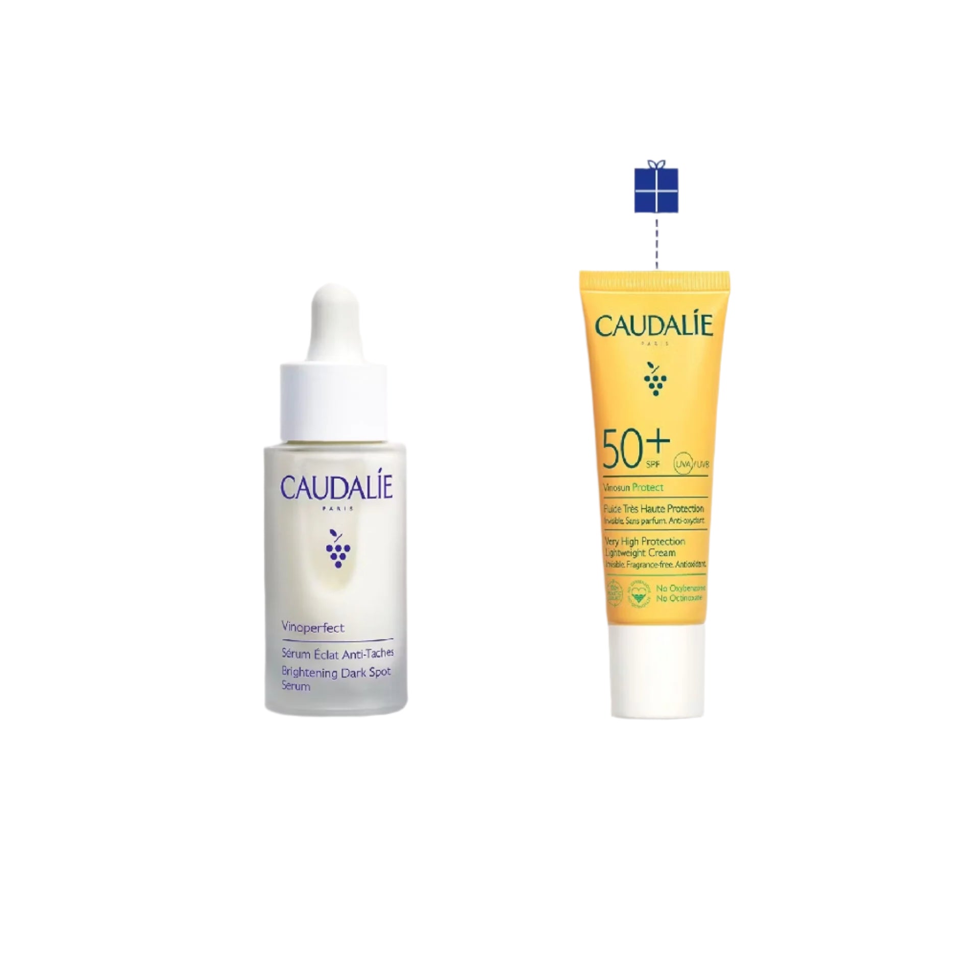 Caudalie Complexion Correcting Sun Duo – Brightening serum and SPF50+ protection set for radiant, even-toned skin.