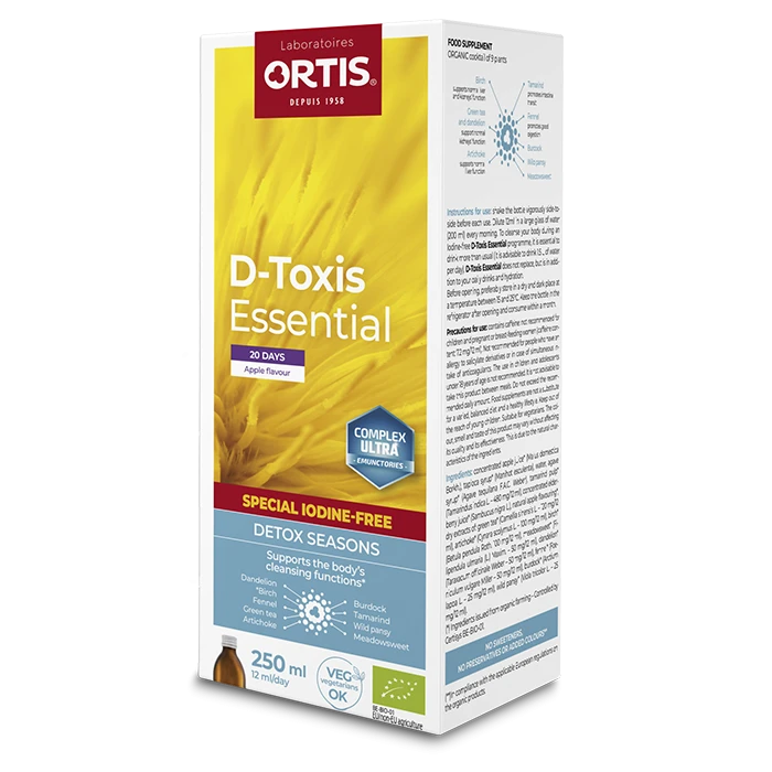 Ortis D-Toxis Essential (Iodine Free) - Comprehensive detox support with organic plant blend.