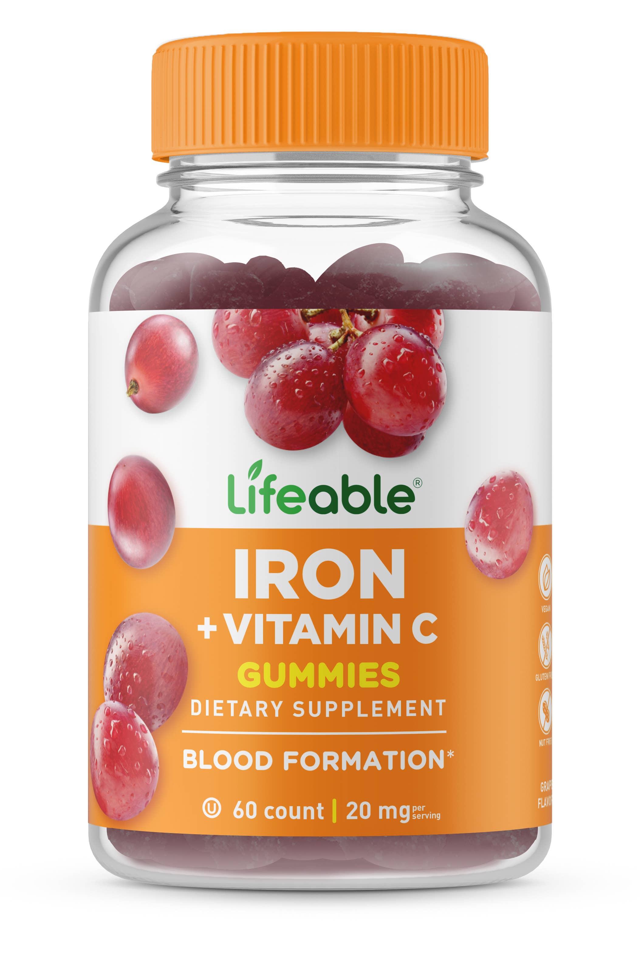 Lifeable Iron 20 mg + Vitamin C Gummies, Healthy Iron Levels: Grape Flavor / 60 Gummies