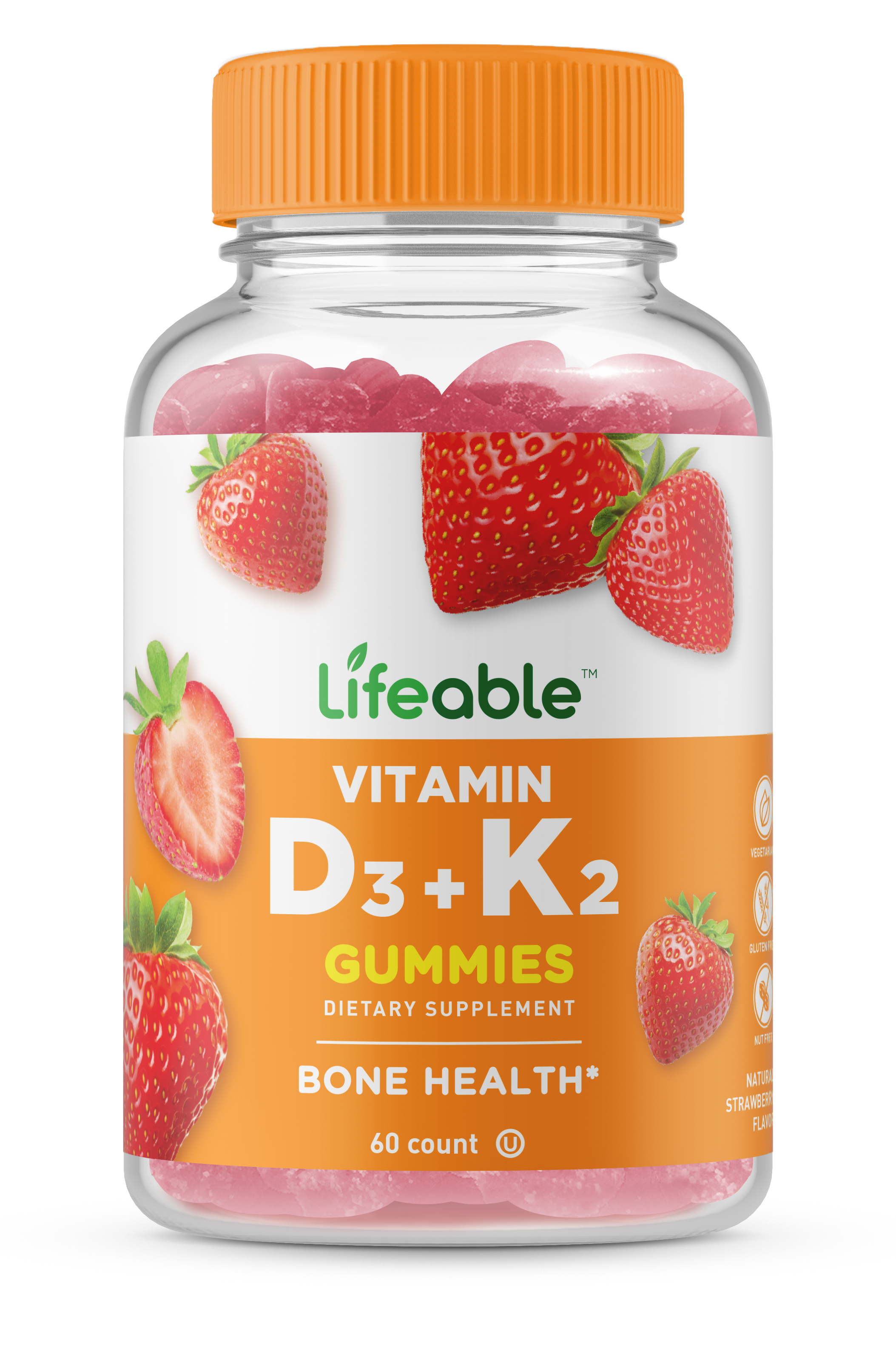 Lifeable Vitamin D3 + K2 Gummies, Bone Health, Great Taste!: Natural Strawberry Flavor / 60 Count