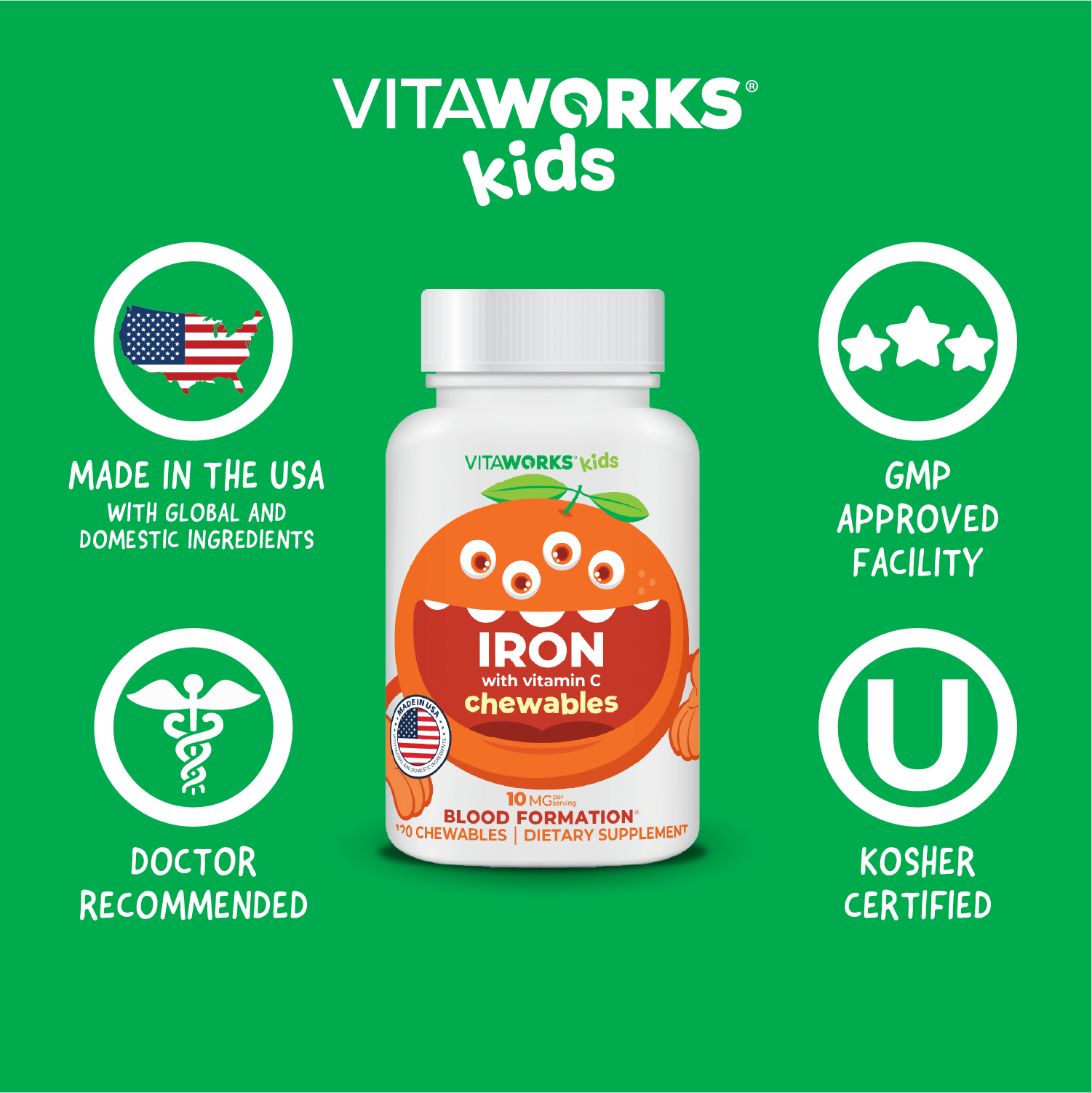 VitaWorks Kids Iron Chewables, Blood Formation: Natural Orange Flavor / 120 Count