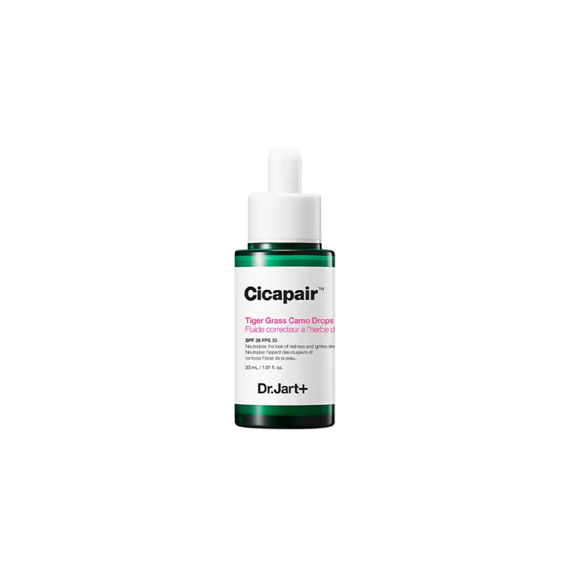 Dr. Jart+ Cicapair™ Tiger Grass Camo Drops SPF 35 – Lightweight green-to-beige redness neutralizing serum with Niacinamide, Centella Asiatica, and mineral sunscreens.
