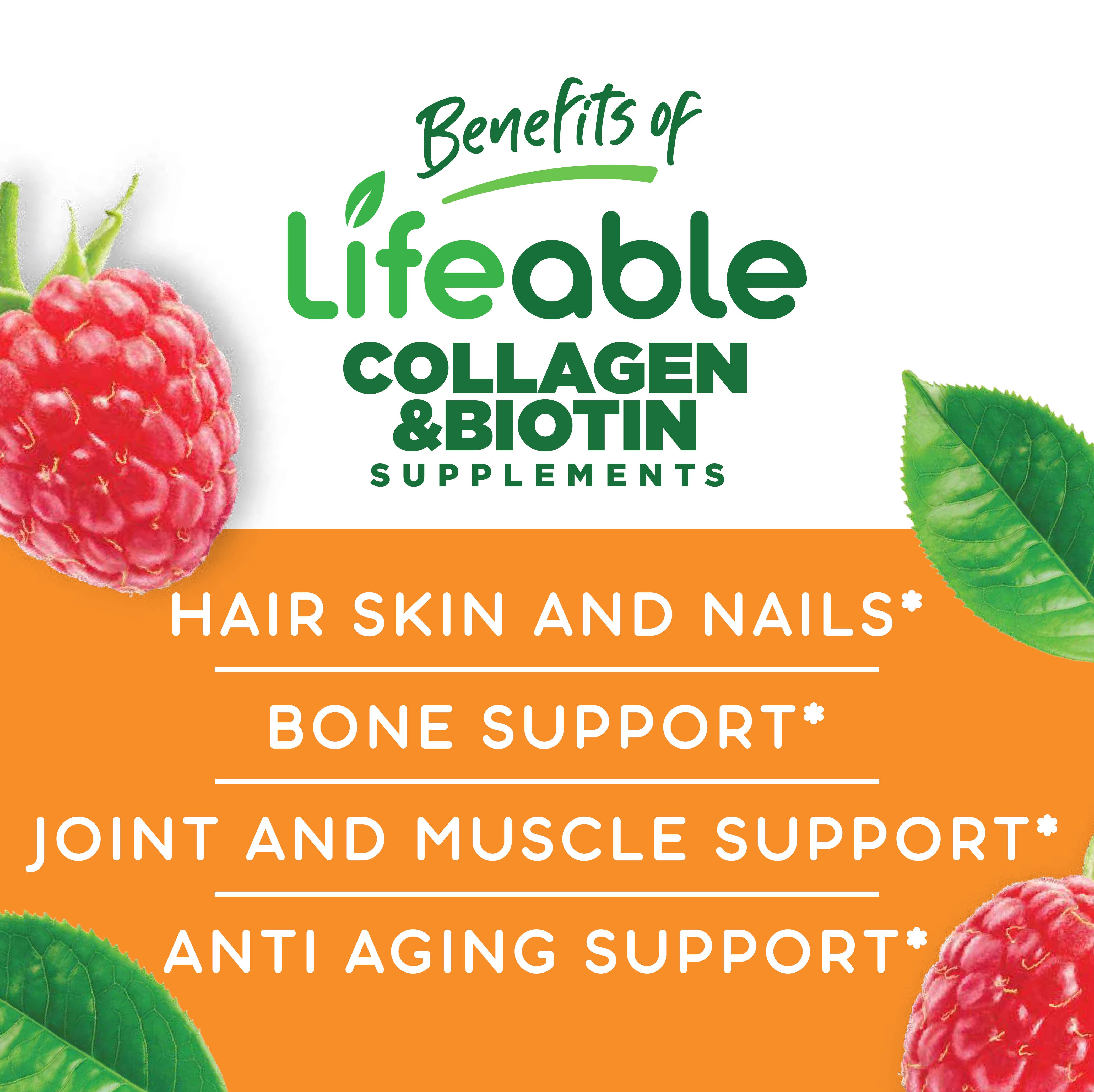 Lifeable Collagen peptides 100 mg + Biotin 10000 mcg Gummies: Raspberry Flavor / 60 Gummies