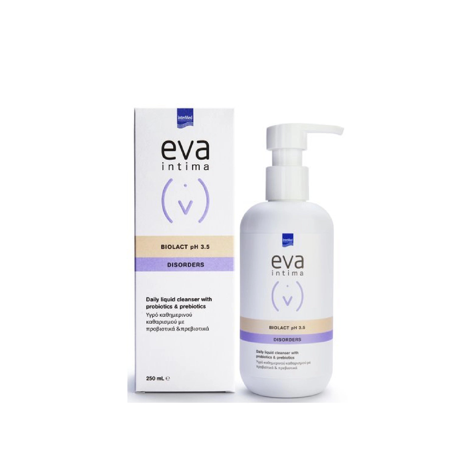 EVA Intima Biolact Liquid Cleanser pH 3.5 in a practical pump bottle.