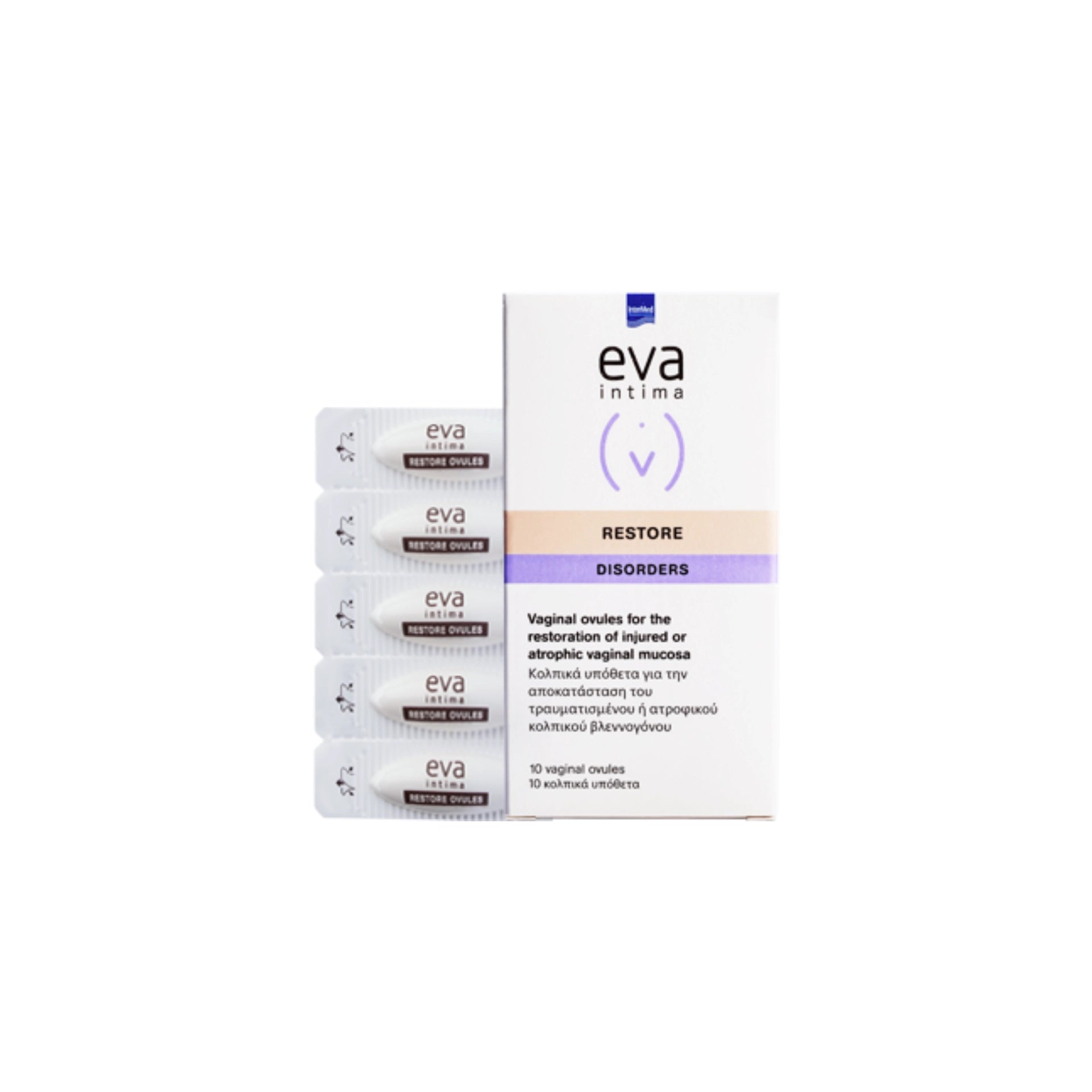 EVA Intima Restore Ovules box with 10 vaginal suppositories.