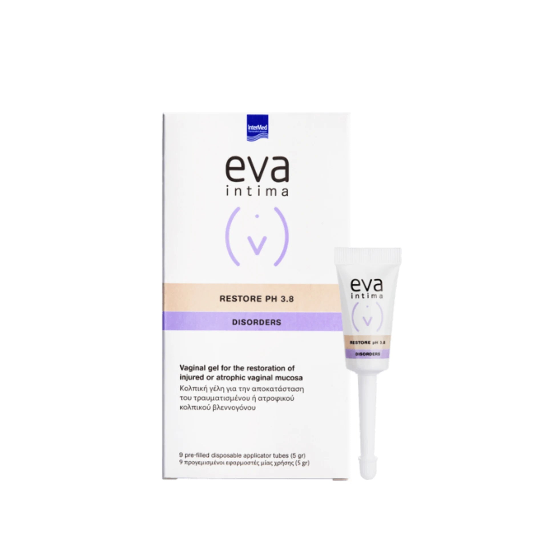 EVA Intima Restore Gel for vaginal mucosa restoration with hyaluronic acid and natural extracts.