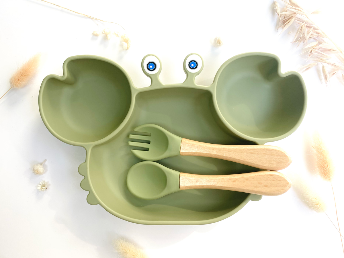 Crab-shaped meal set+cutlery for children: Khaki